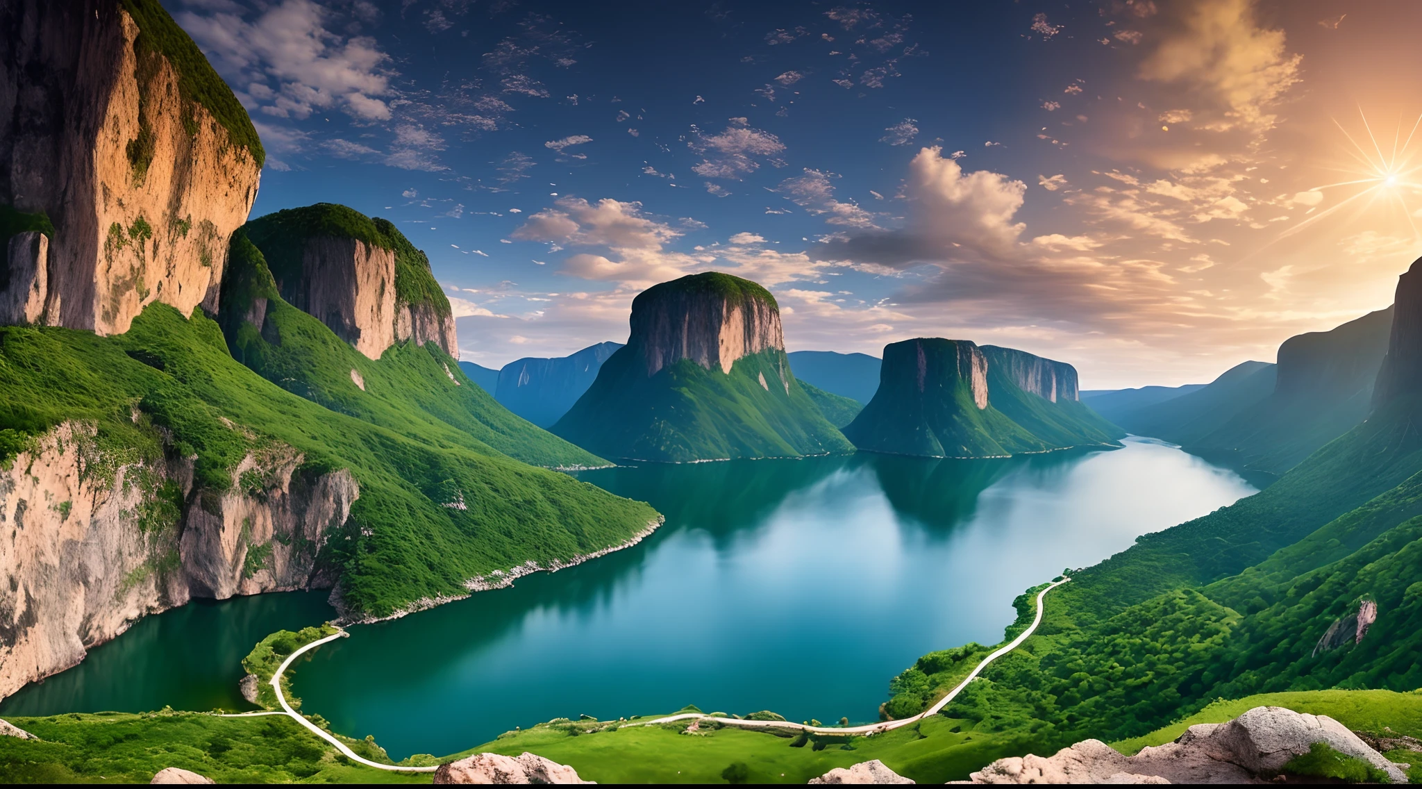 Masterpiece, ultimate quality, Cg unity 8k wallpaper, super delicate, beautiful sky and clouds, rich natural scenery, cliffs, lakes and rivers, waterfalls and flying water, beautiful green mountains, no trace of people, excellent scenery, has already won a photo contest, background Blurring, full depth of field, HDR high dynamics, true restoration, intricate, extreme details, dramatic presentation, perfectly presenting the style of midjourney art.