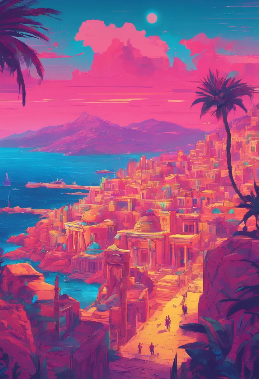 Ancient Greece，Aegean Sea ，—width 672, landscape artwork, environment design illustration, scenery art detailed, Seaside view, concept-art, 4k highly detailed digital art, 4 k digital painting, 4k digital painting, stunning digital illustration, Desert background, digital painting concept art, Detailed digital painting