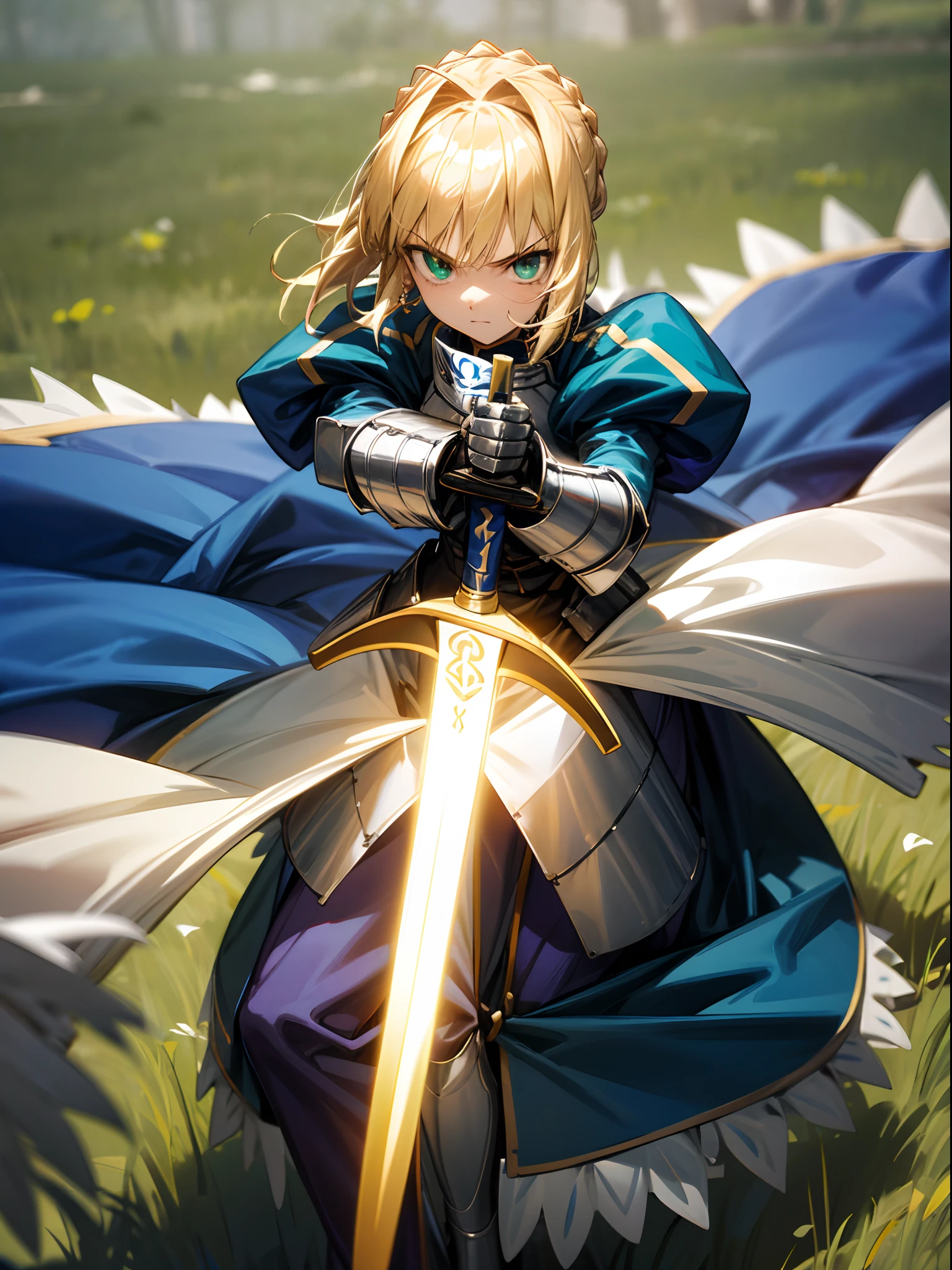 Grand background，1girll，A face，bit girl，Artoria，king arthur，King of Britain，FATE series，Knight King，medieval times，Majesty，((Bright blonde hair))，Side Body，grassland background，，Small characters，Fighting posture，There is and only one golden sword，Short pointed soldiers，Long sword body，Straight sword，Sword close-up，Sword in hand，Serious expression，Handsome，with a round face，closeup of face，Heavy sterling silver armor，Sterling silver leg armor，Sterling silver armour，Dark blue heavy cape，Fur edges，Huge dark blue round battle skirt，Gold lace，Coiled hair，Green eyes，Solitude，A half body，(超高分辨率)，(Ultra-high sharpness)，tmasterpiece，品质最佳