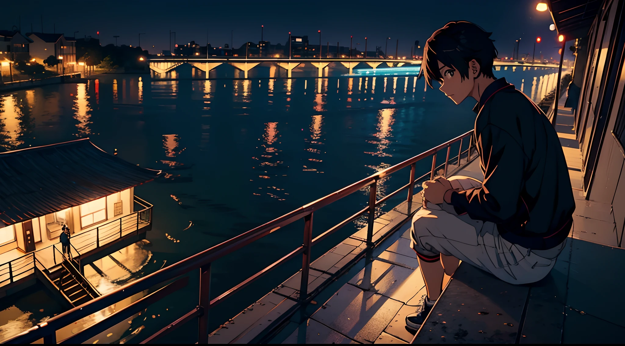 1 Anime handsome boy sitting on a ledge of bridge at sunsetlooking at the river, Crowded people around him at festival, waiting sadly, Wallpaper 8K, Anime Art Wallpaper 8K, Anime Art Wallpaper 8K, Estilo anime 8K, 8k anime wallpapers, Wallpapers manga 4K wallpapers, Makoto Shinkai Cirilo Rolando, crowded festival, lofi