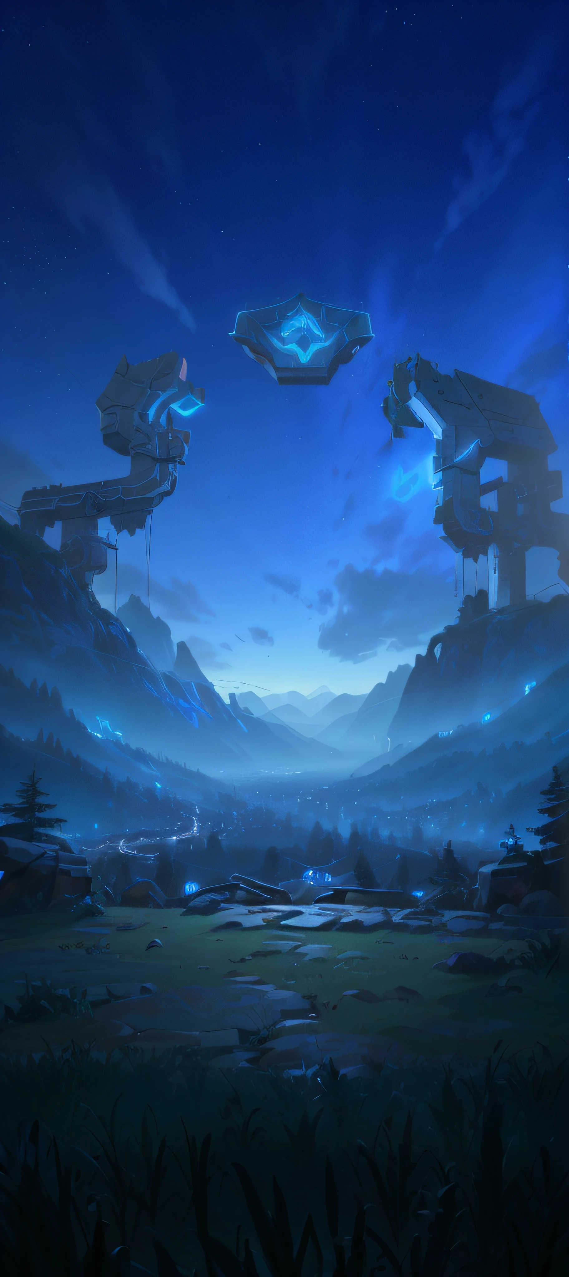 nighttime scene,ln the forest,mountain ranges,background-image,league of legends art style,unreal engine rendered