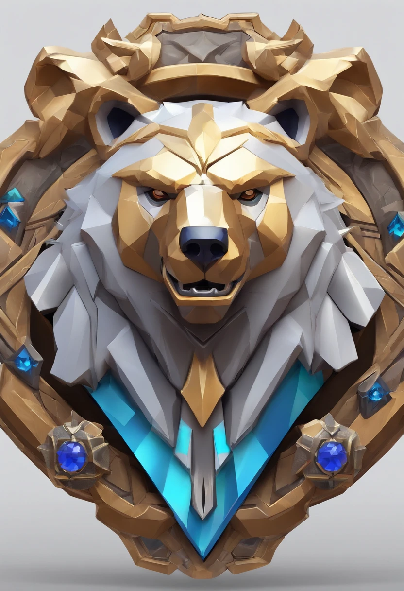 Game medallion with metal bear head close-up with crown,Close-up of dragon head,hearthstone art style, Hearthstone style art, hearthstone concept art, Riot game concept art, style of league of legends, iconic character splash art, League of Legends crown,Game badge,Surrounding metal feathers,Blue gold,c4d渲染,Less detail,less detailing,Huge metal bear head in the middle,The head has gorgeous gemstones