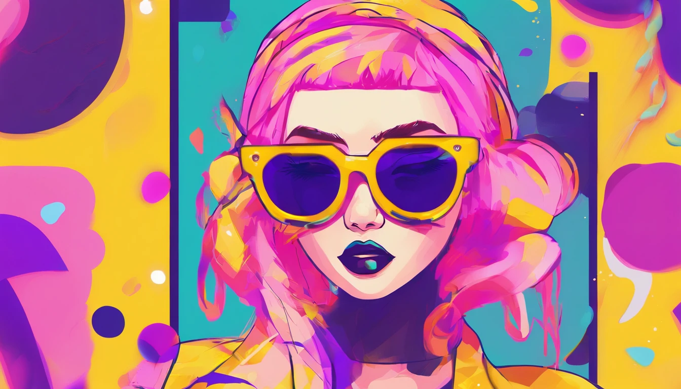 yae miko wearing trendy yellow sunglasses, yellow background, pink hair, purple eyes