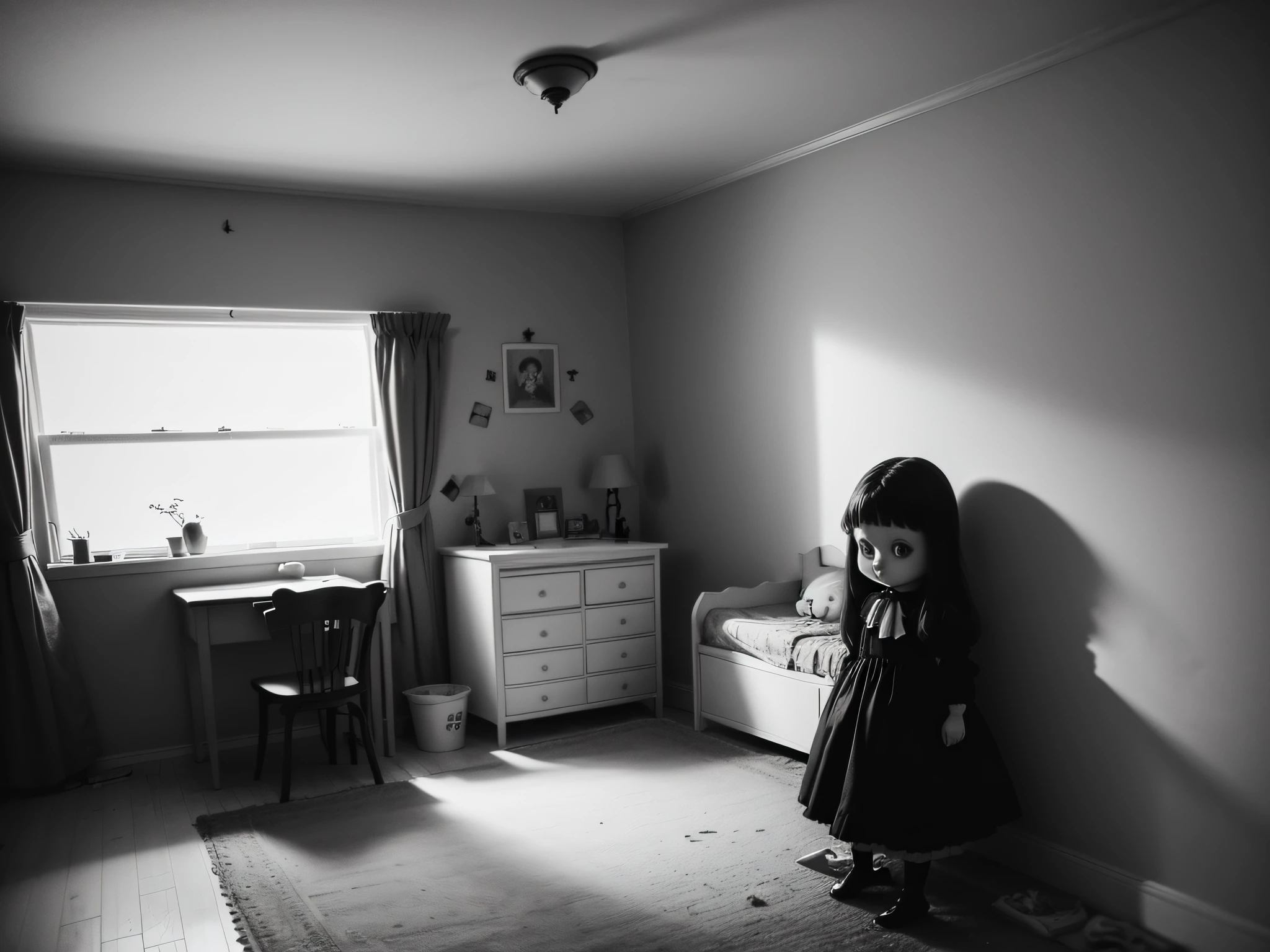 s room、One scary doll、Nostalgic but unsettling photos、Images in a dream、uneasy、deep in the night、natta、、Grainy photo、Film Touch、color photograph、horor、terrifying、Wide angle scary atmosphere、wide angles、wide-angle lens、