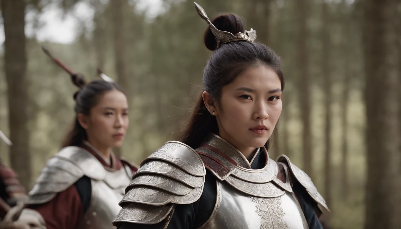 CGI artwork,Original Drawing,white metallic armor,Heavily armored samurai,Oriental samurai,femele,long whitr hair,ride horse,Dark horse,Slash and kill,battlefiled,Fight in blood