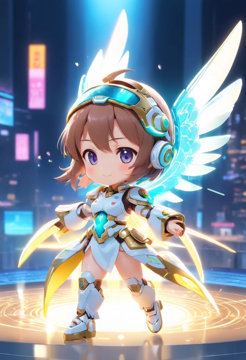 Pop Mart Blind Box IP、A smile、Close up of cute white robe doll、Young One Angel Style、Wear longer, Dress fluently、Lop style、Poseline doll、Little people々々々々々々々。unreal enginee 5、Light 3D/C4D production: 8K HD quality/illuminating/Ultra-fine lens description 1.5、flawless、Chibi Background/Cinematic。Dancing Cyborg, (blind box toy style:1.2), (Full body shot) , 1 transparent girl,Transparent Mecha, Exquisite helmet:1.2, Phosphorescent goggles:1.2, Cyberpunk, Dreamy glow, bright neon lights, clean, White background, ( Global Illumination, Ray traching, nffsw, Unreal Render,Reasonable design, high detal, masutepiece, Best Quality, hyper HD, Cinematic lighting)(((The background is a samba venue)))