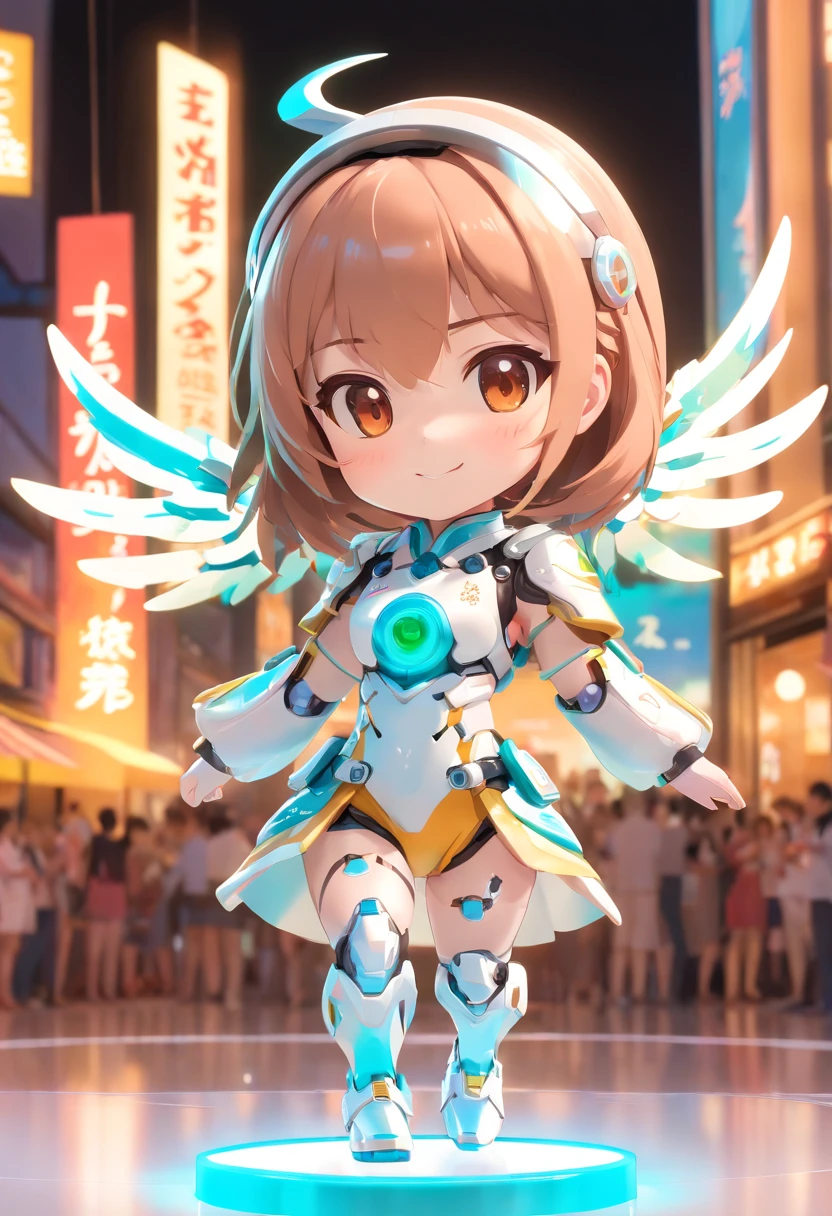 Pop Mart Blind Box IP、A smile、Close up of cute white robe doll、Young One Angel Style、Wear longer, Dress fluently、Lop style、Poseline doll、Little people々々々々々々々。unreal enginee 5、Light 3D/C4D production: 8K HD quality/illuminating/Ultra-fine lens description 1.5、flawless、Chibi Background/Cinematic。Dancing Cyborg, (blind box toy style:1.2), (Full body shot) , 1 transparent girl,Transparent Mecha, Exquisite helmet:1.2, Phosphorescent goggles:1.2, Cyberpunk, Dreamy glow, bright neon lights, clean, White background, ( Global Illumination, Ray traching, nffsw, Unreal Render,Reasonable design, high detal, masutepiece, Best Quality, hyper HD, Cinematic lighting)(((The background is a samba venue)))