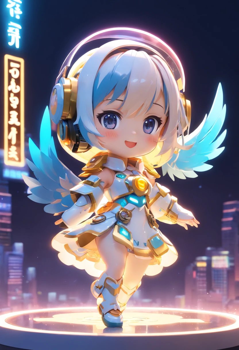 Pop Mart Blind Box IP、A smile、Close up of cute white robe doll、Young One Angel Style、Wear longer, Dress fluently、Lop style、Poseline doll、Little people々々々々々々々。unreal enginee 5、Light 3D/C4D production: 8K HD quality/illuminating/Ultra-fine lens description 1.5、flawless、Chibi Background/Cinematic。Dancing Cyborg, (blind box toy style:1.2), (Full body shot) , 1 transparent girl,Transparent Mecha, Exquisite helmet:1.2, Phosphorescent goggles:1.2, Cyberpunk, Dreamy glow, bright neon lights, clean, White background, ( Global Illumination, Ray traching, nffsw, Unreal Render,Reasonable design, high detal, masutepiece, Best Quality, hyper HD, Cinematic lighting)(((The background is a samba venue)))