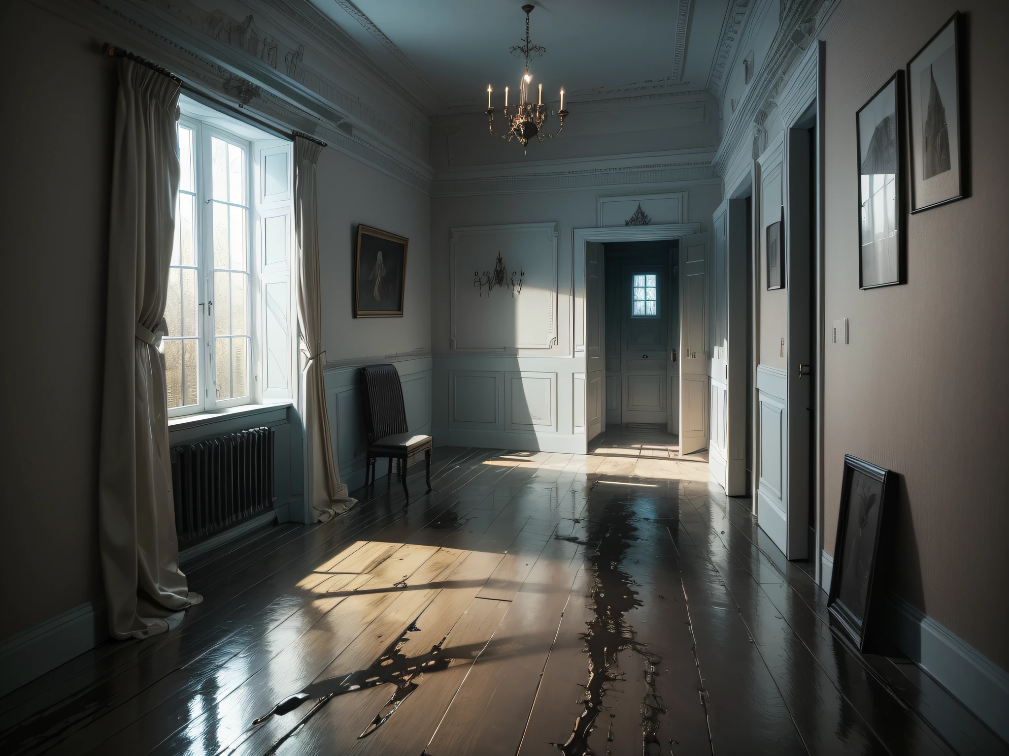 ((Horror room landscape illustration)), masuter piece, best quality, ultra-detalhada, hyper realistic, 16k resolution, quarto escuro, Water spills on the ground、There is a figure in the back of the room..