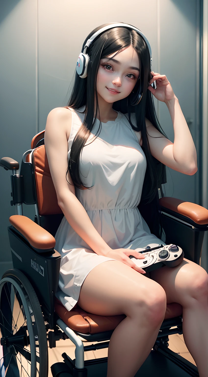 Woman with long black hair,a baby face,Good figure,Smile and look at the camera,Looks charming and cute,Plain white dress,Bare arms,Gaming luminous headset,The eyes will glow,Frontal in a wheelchair,structurally correct,(full bodyesbian:2),Look up at the camera