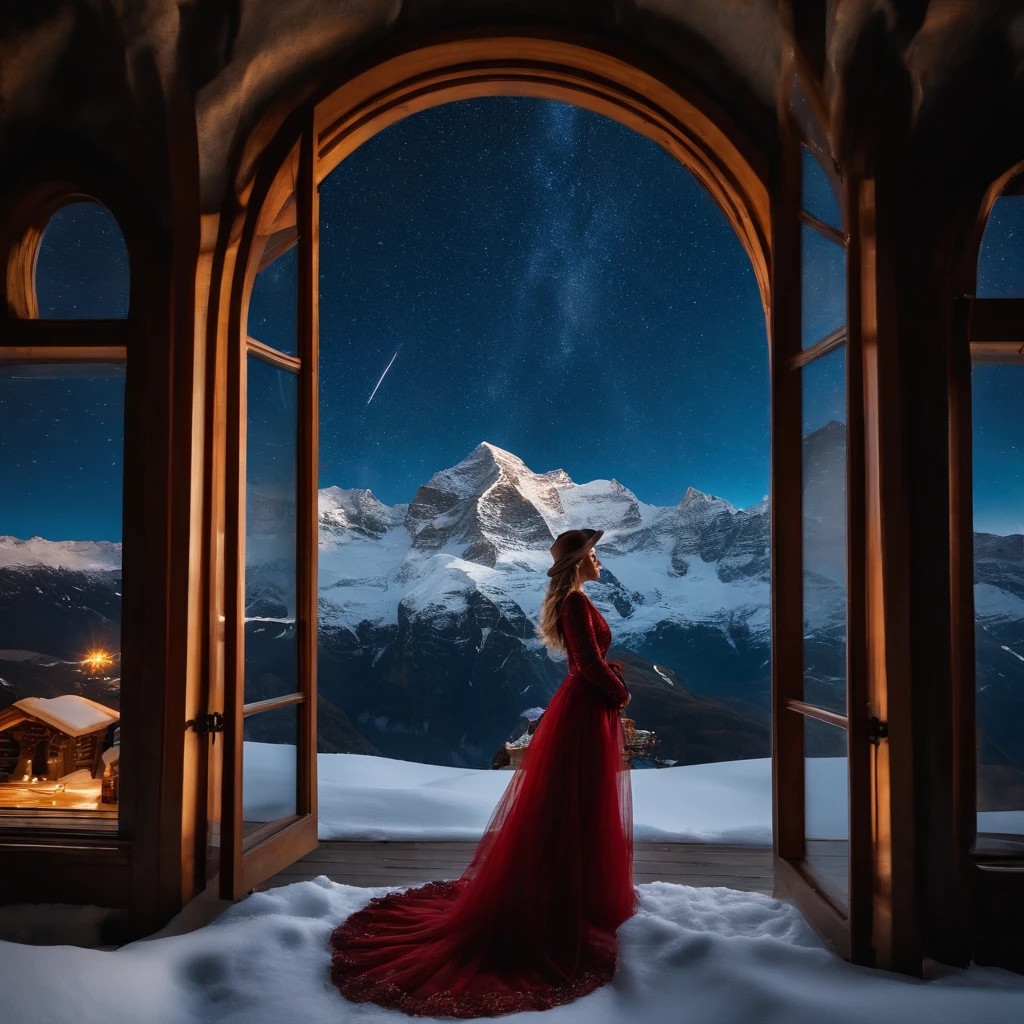 Master Parts、Superior Quality、superior image quality、The 8k quality、Beautiful pictures of the starry sky、magnifica、Arched Milky Way:1.9、snow mountains、Jungfraujoch