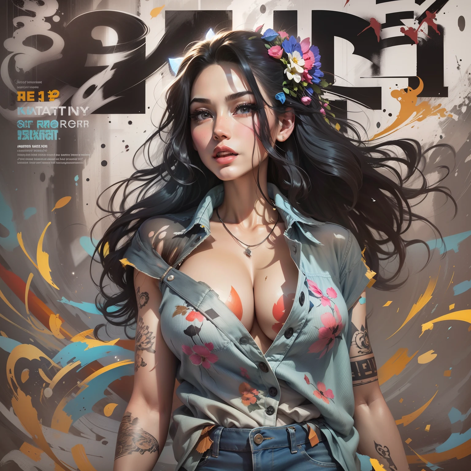 background, mixed-language_text, Japanese letters in graffit, Kelly Brook beautiful woman, long black hair, excellent lighting, sidelighting, perfect ultimate (flat color: 1.3), gigantic saggy breasts, (magazine_cover: 1.4), (multicolored_background: 1.3), striped_background, card_background, :: discs with sharp and shiny blades in the hand :: circular pieces of white metals glued to the ultra detailed arms coming out sparkling glow, black star design stamped in the middle of the shirt , Perfect and detailed sculptural body, ultra detailed shirt with abstract design and with Japanese letter print in grafit of the sides of the clothing, worn jeans, big breast, with immersive effects, hover effect, background graffiti style tribal tattoo with flowers and vibrant colors, "ultra HDR" detailed and with focus effect, (masterpiece: 1.2, best quality), (beautiful eyes with huge eyelashes finely detailed: 1.2), , ((Solo)), (Finely detailed eyes and detailed face:1.3),