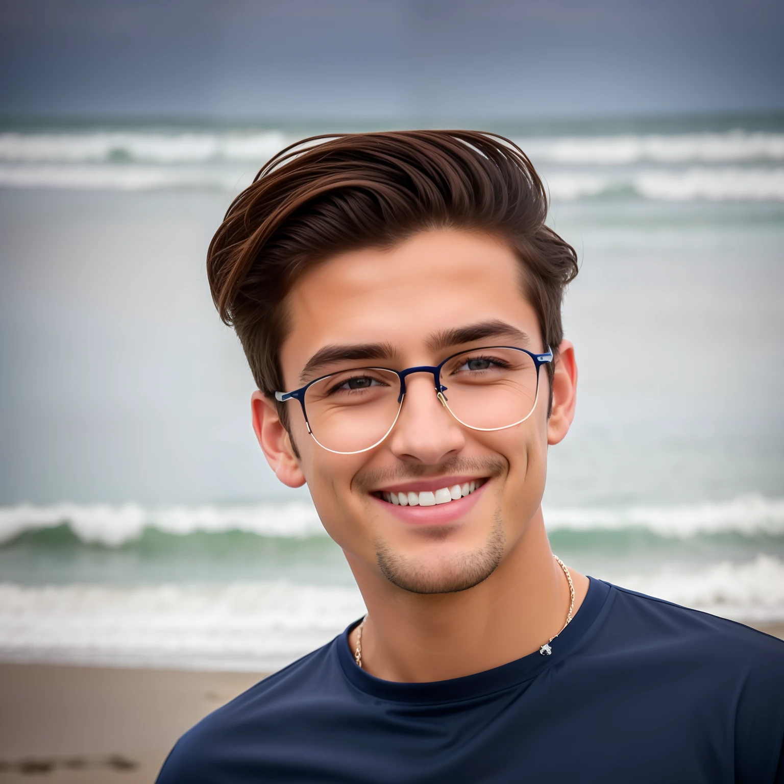 high quality, handsome man, navy blue background, beautiful and realistic eyes, dimple smile face, beautiful lips, hd, realistic, smooth face, slightly long brown hair, in the beach , waer earing , necklace , blue tshirt