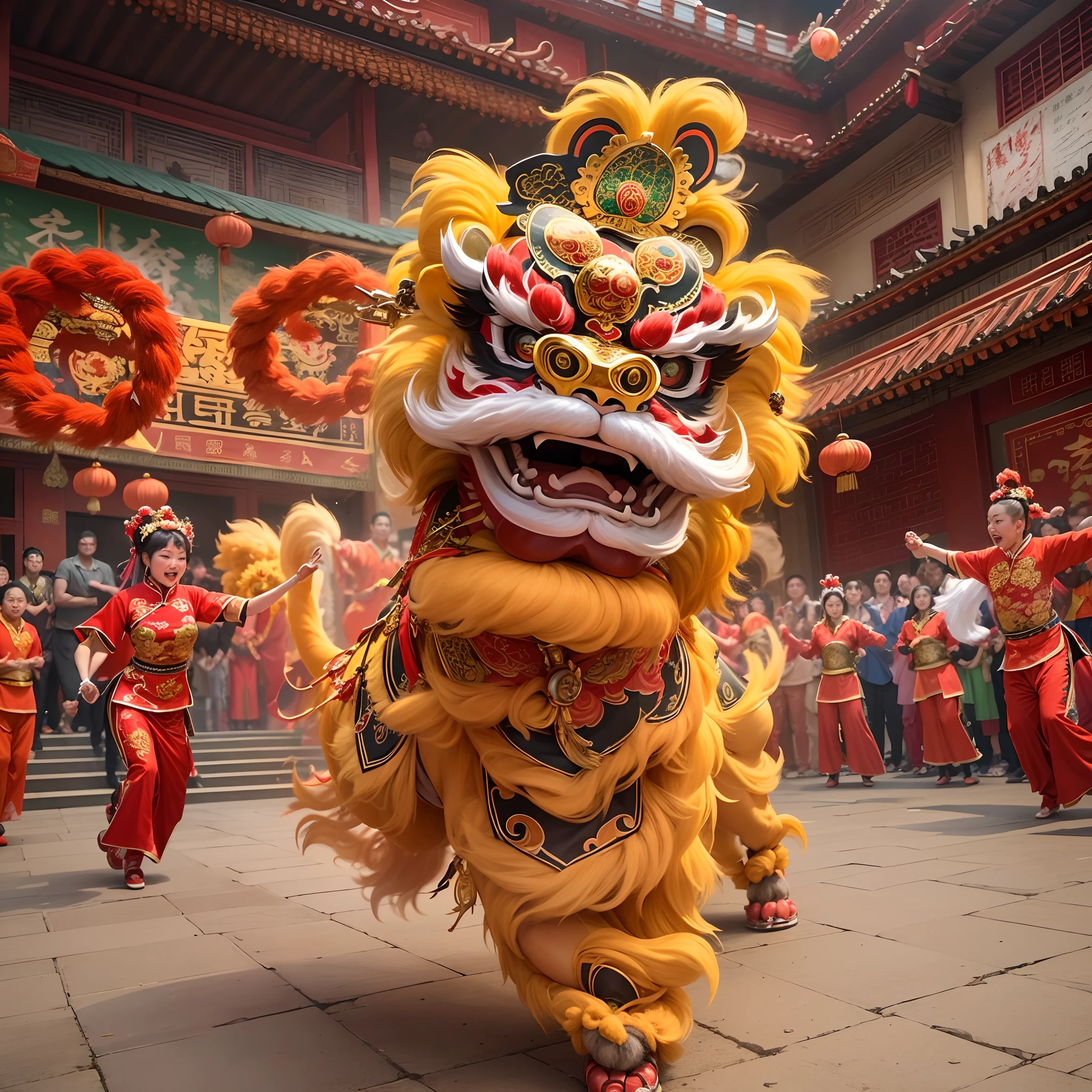 (Best quality,Ultra-detailed,Realistic:1.37), Vividly colored lion, Traditional Chinese art, Expressive lion dance, Intricate lion costumes, Dynamic lion movement, A lively and festive atmosphere, Energetic drumming, Skilled lion dancer, Well-designed lion's head design, Cultural heritage, Rhythmic music, Vivid red and gold, Dynamic and acrobatic stunts, Traditional lion dance, Festival crowds, Auspicious symbolism, Auspicious blessings, The expression of a lion's eyeball, Lively celebration, Traditional Chinese musical instruments, Grand lion dance parade, Cultural pride and identity