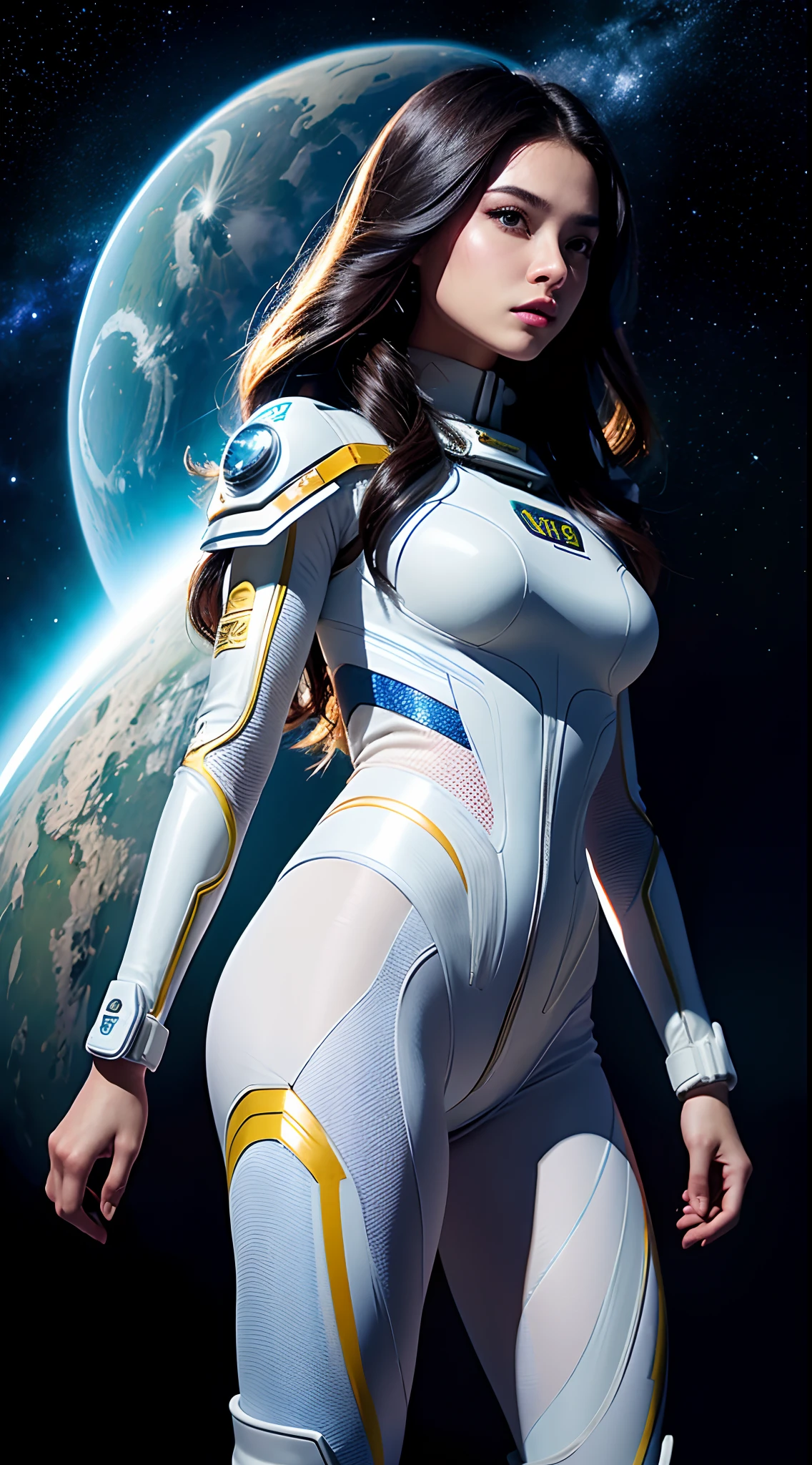 Best quality, 8K, woman space retro futurism, beautiful and detailed face, black straight long hair, bangs,big eyelashes,LOOKING TO observer,TRANSPARENT white leotard,LIGHT TAN pantyhose, sci-fi RETRO SPACESHIP scenario