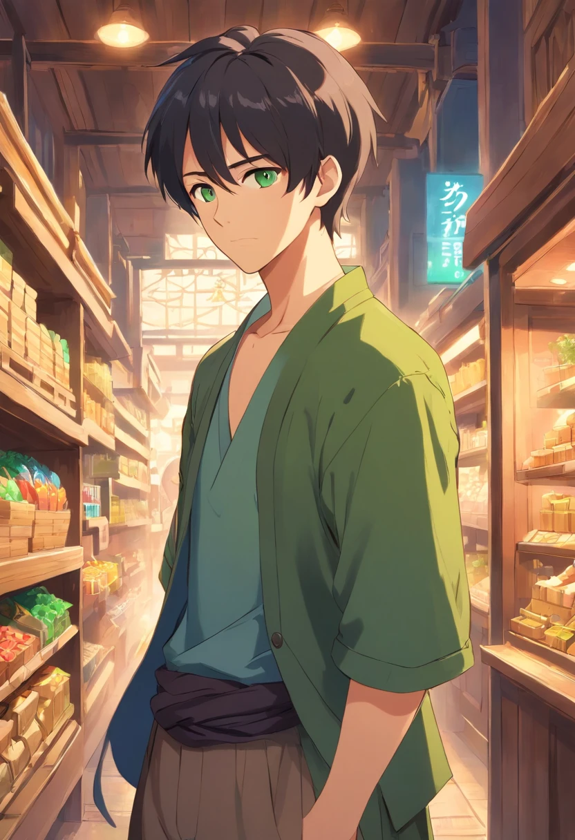 25 age old,Stoic man with short black hair, Green eyes and short beard, Driss as a merchant of the time, Find purpose in life