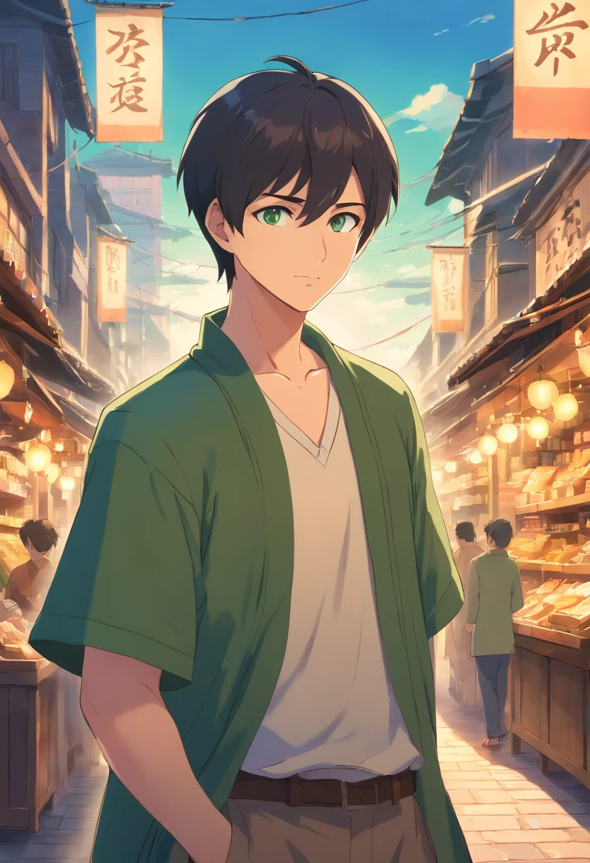 25 age old，Stoic man with short black hair, Green eyes and short beard, Driss as a merchant of the time, Find purpose in life