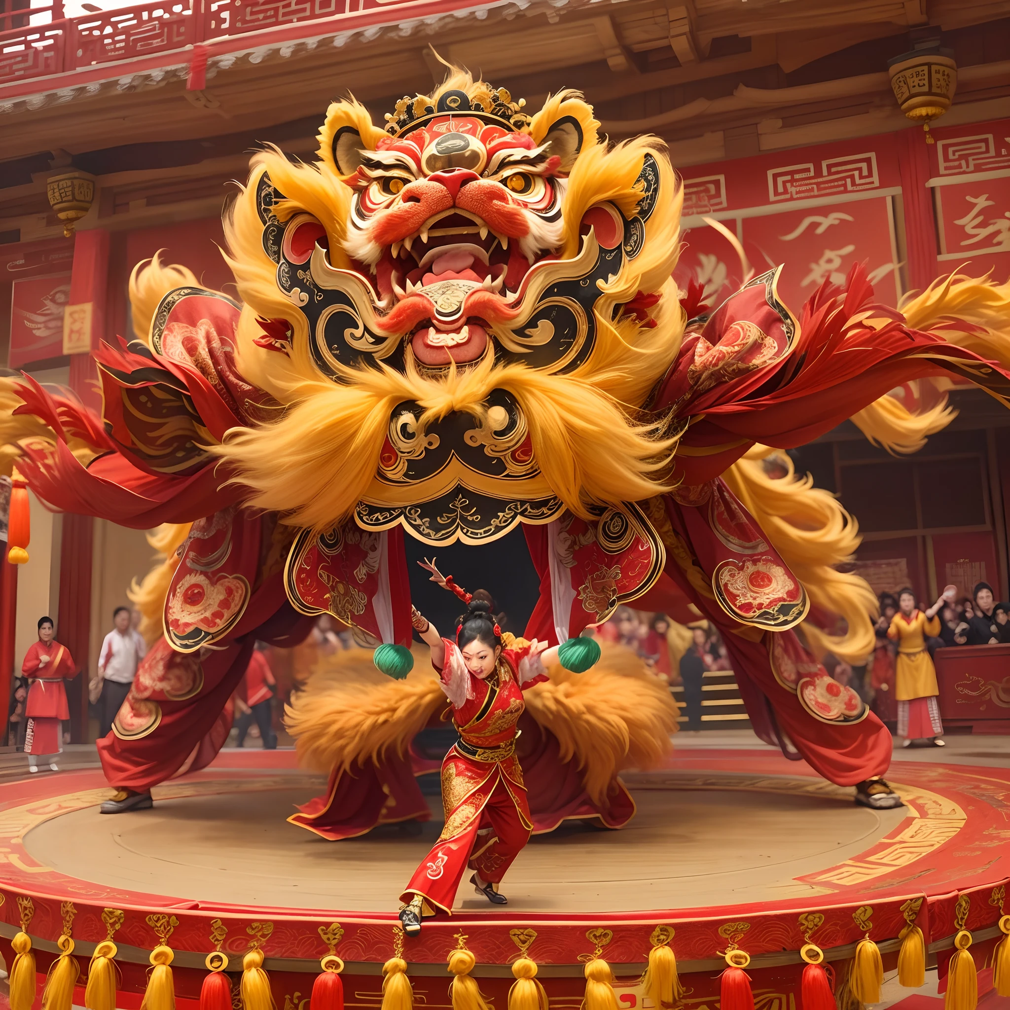 (Best quality,4K,A high resolution,Masterpiece:1.2),Ultra-detailed,Traditional Chinese lion dance,Traditional Chinese martial arts,Energetic dance,Two colorful lion costumes,strong facial expression,Vibrant and luxurious atmosphere,Habitual intense movements,Dynamic and lively performance,Impressive stunts and acrobatics,Traditional handmade lion's head,Gorgeous gold accents and intricate design,Charming and rhythmic drums,Traditional Chinese music,Cheerful and excited crowd,Joyful celebration,Red and gold color scheme,Elegant and smooth lion dance movements,Majestic lion jumping jump,Amazing choreography,Authentic cultural performances,Elaborate lion dance competition,Auspicious festive atmosphere。
