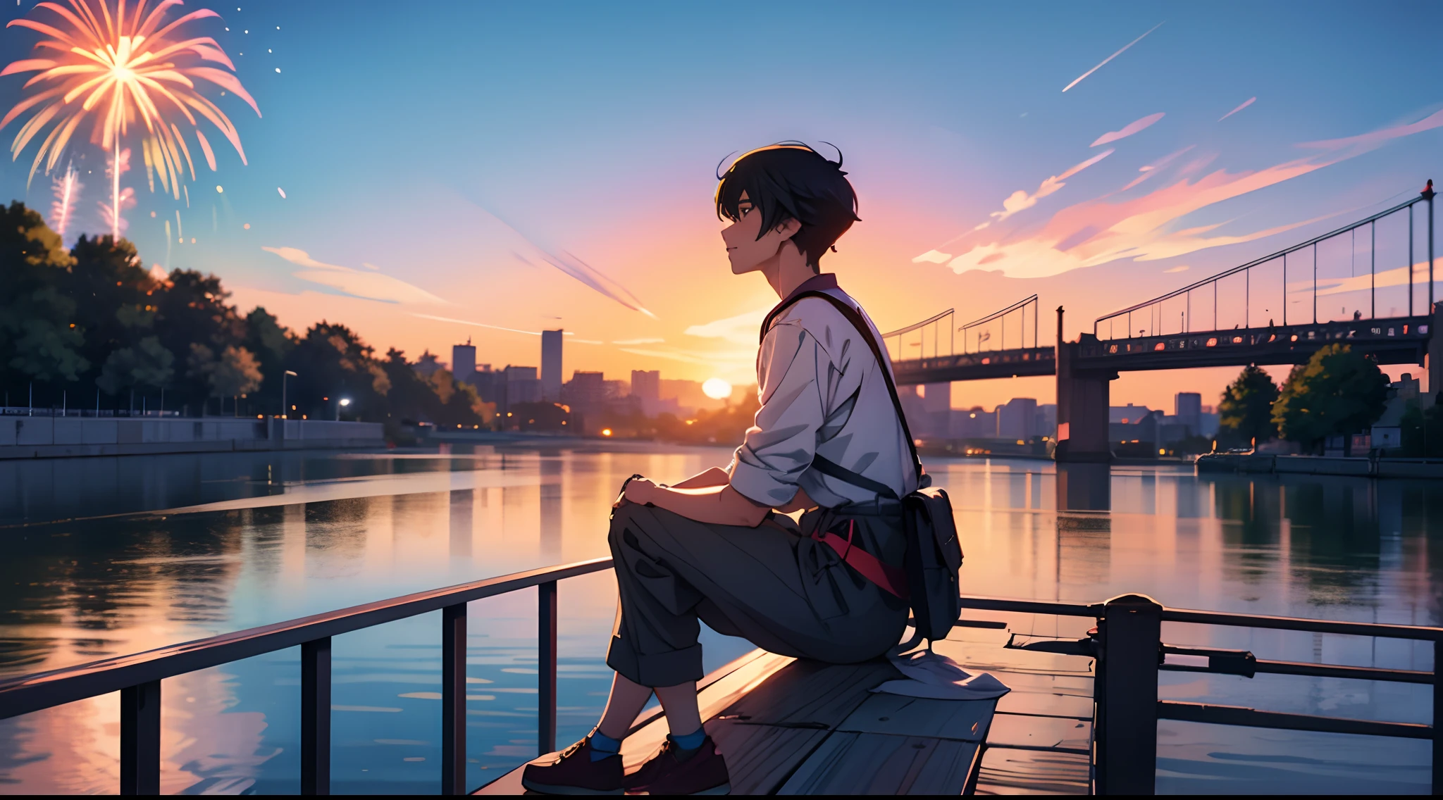 1 Anime handsome boy sitting on a ledge of bridge at sunsetlooking at the river, Crowded people around him at festival, waiting sadly, Fireworks, Wallpaper 8K, Anime Art Wallpaper 8K, Anime Art Wallpaper 8K, Estilo anime 8K, 8k anime wallpapers, Wallpapers manga 4K wallpapers, Makoto Shinkai Cirilo Rolando, crowded festival, ****** lofi