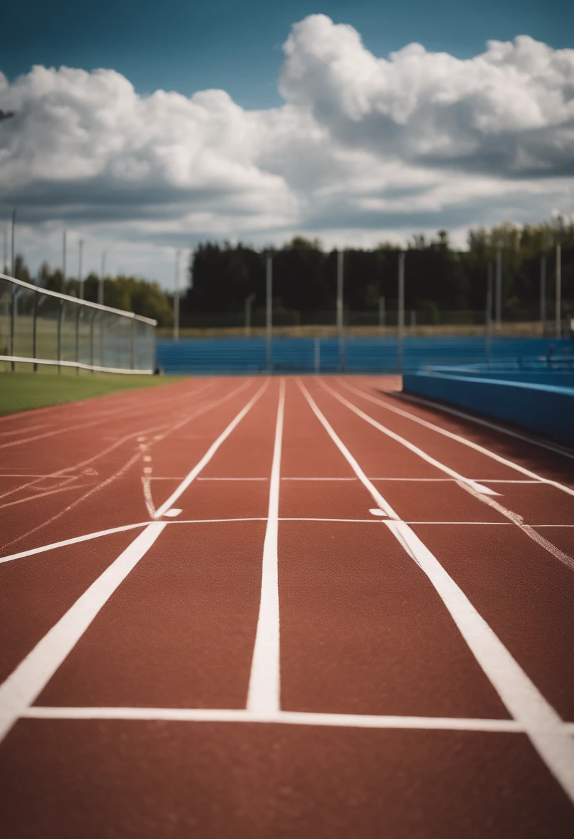 A winding track and field，The background is blue sky and white clouds and sports fields