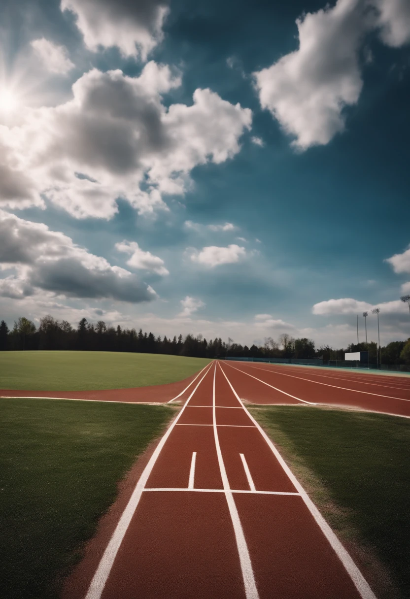 A winding track and field，The background is blue sky and white clouds and sports fields