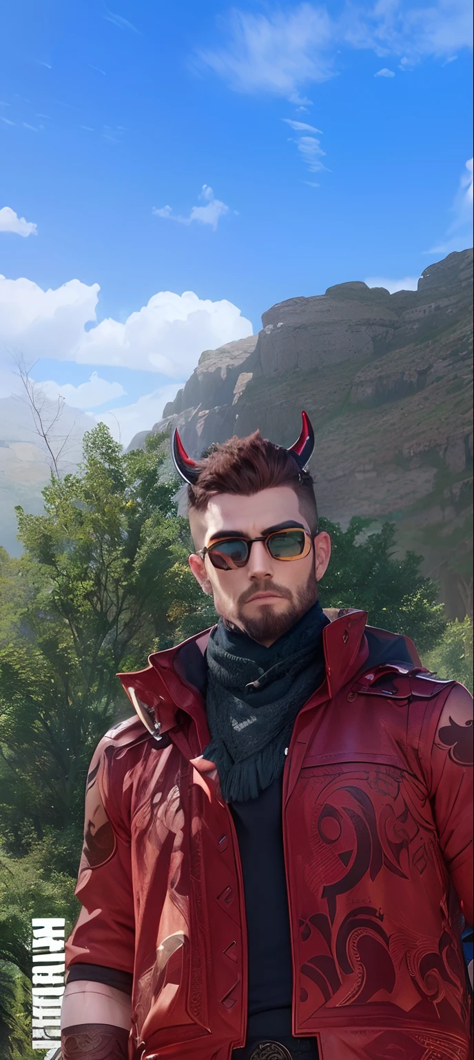 ((1men)), ((short hair)), (( Gorgeous face),(( Celtic Mysterious Forest)), ((red horn)), ((black glasses)), ((realistic)), ((brown hair)), ((tattoo on face)), ((extremely detailed futuristic))
