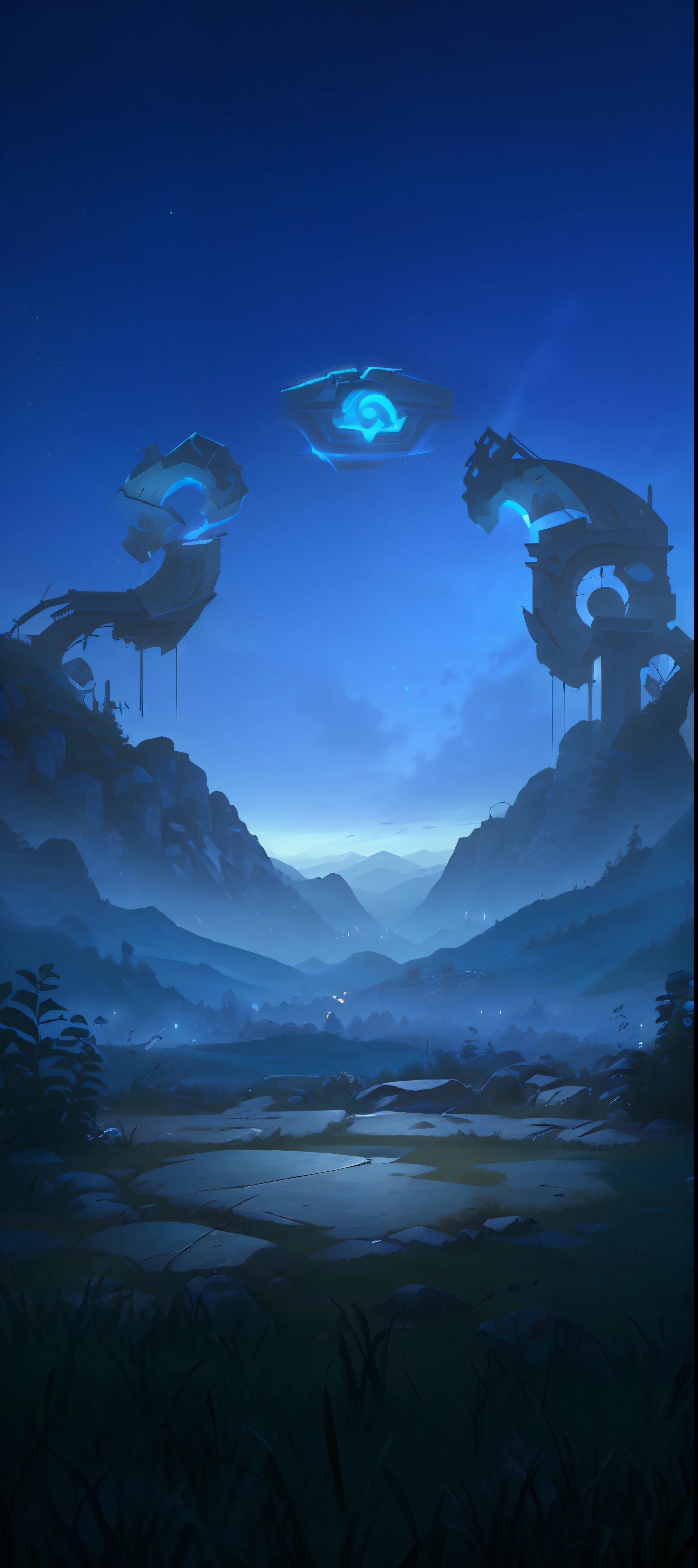 nighttime scene,Forest mountains,lawns,Stone platform,background-image,league of legends art style,unreal engine rendered