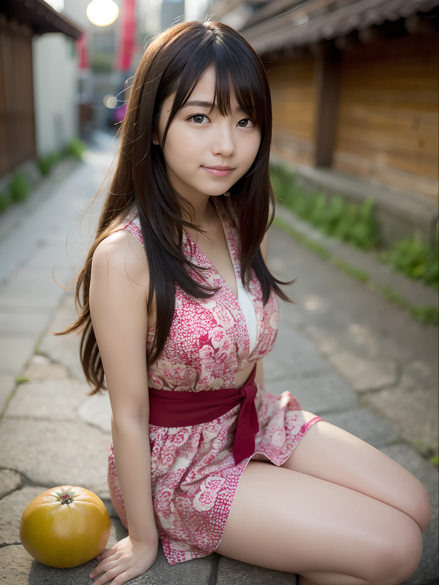 masterpiece、best qualtiy、vibrant detail、 1 人、Pink eyes、length hair、A dark-haired、wall-paper、(realisitic、Photorealsitic:1.37)、magnifica、finely detail、(Before grapefruit)、(temple in the background)、Sitting。 、Red kimono、mideum breasts、a sailor suit、arms back、Eau、the setting sun、hair adornments、Live action、realisitic、A smile