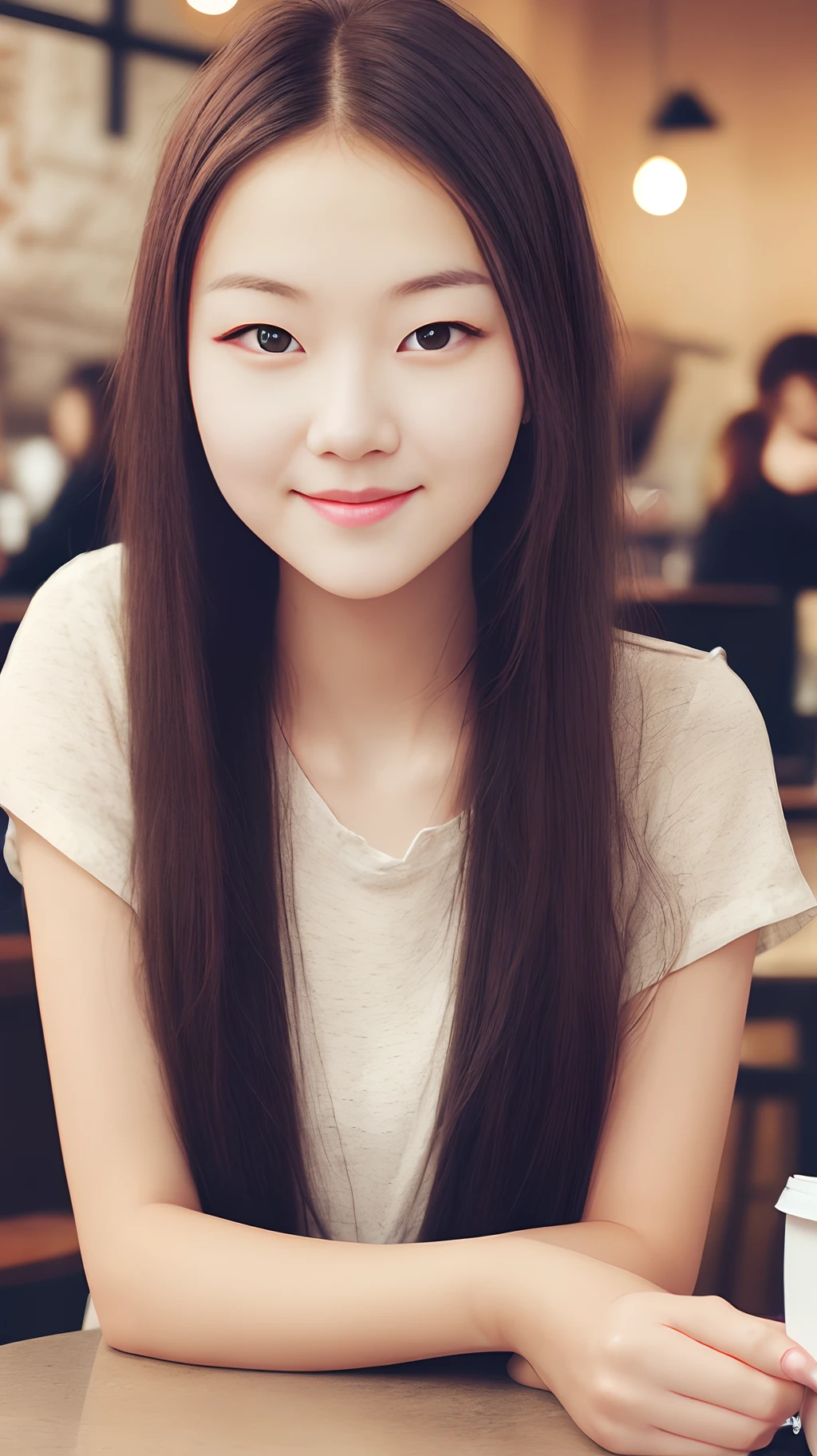 Natural beauty with long hair girl.Real image. Not very pretty.Not cute girl. Sitting in coffee shop