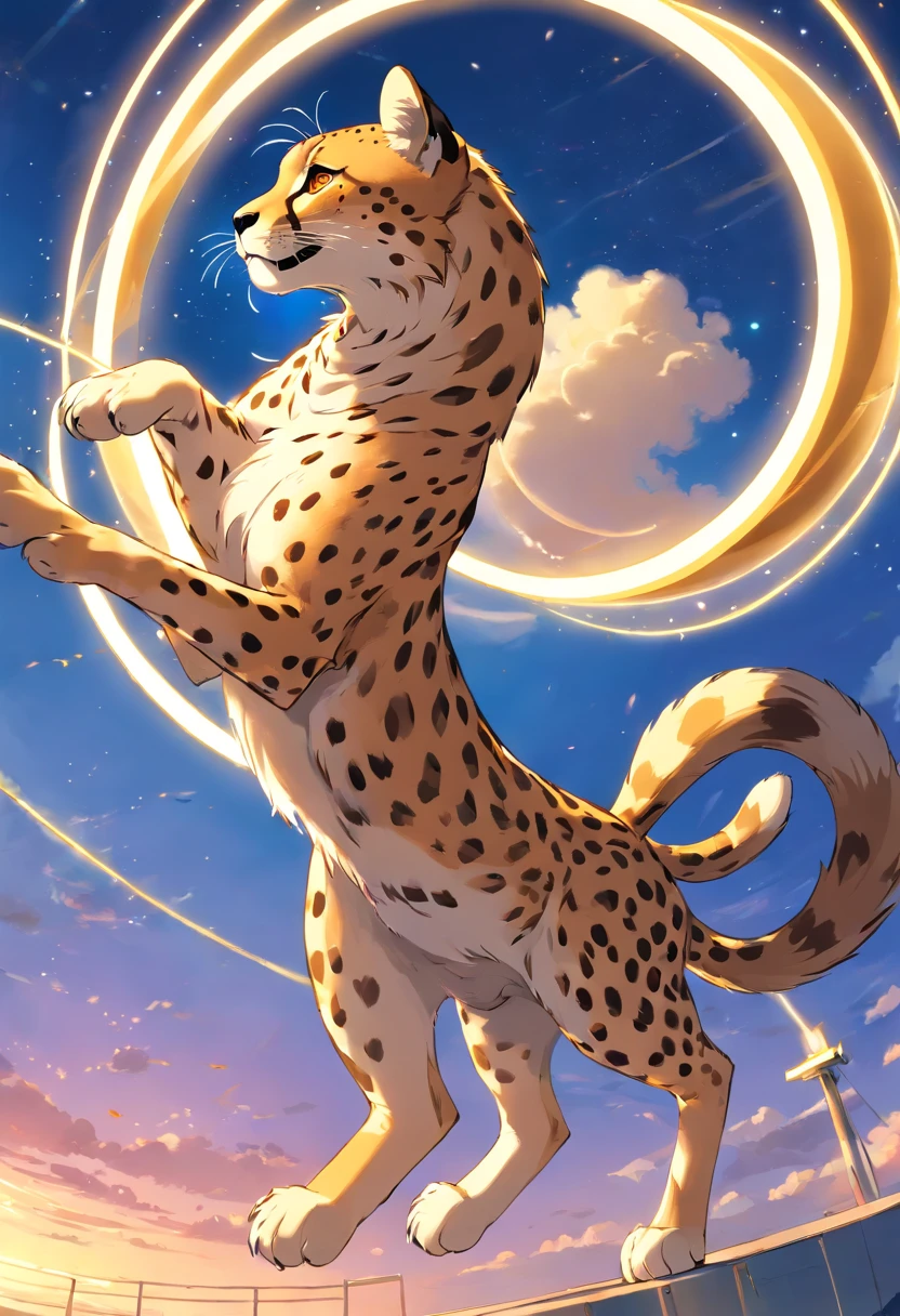 Cheetah holding a wishful golden hoop pole flying in the sky