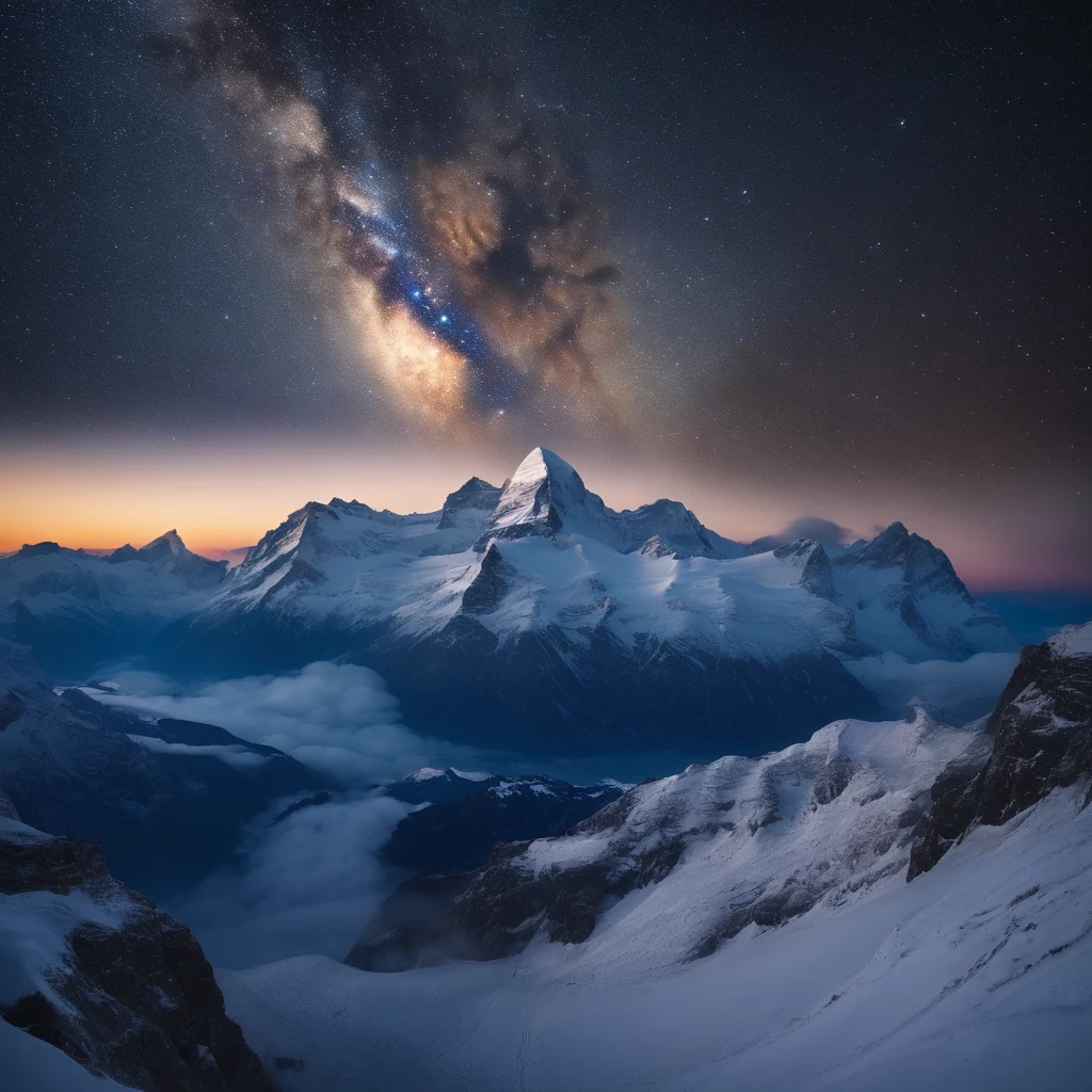 Master Parts、Superior Quality、superior image quality、The 8k quality、Beautiful pictures of the starry sky、magnifica、Arched Milky Way:1.9、snow mountains、Jungfraujoch