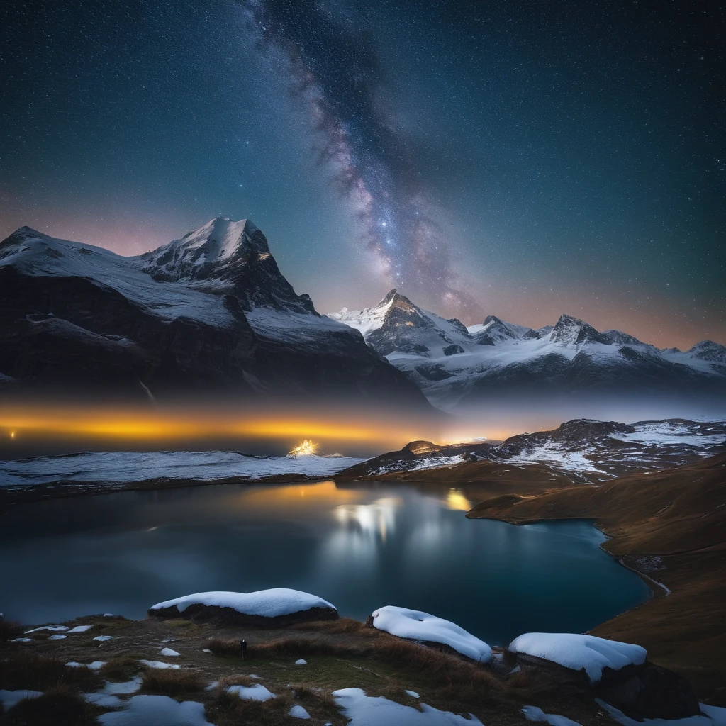 Master Parts、Superior Quality、superior image quality、The 8k quality、Beautiful pictures of the starry sky、magnifica、Arched Milky Way:1.9、snow mountains、Jungfraujoch