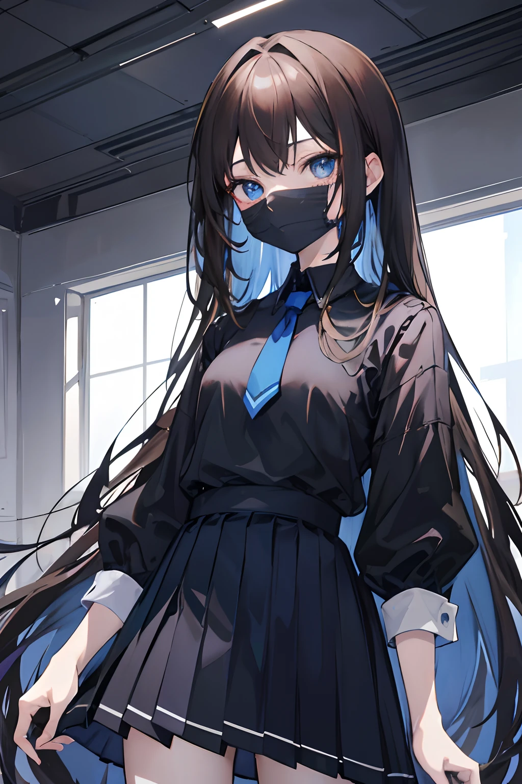 masterpiece、top-quality、absurderes、女の子1人、cool、semi long hair、Light brown hair、Hair with blue mesh、black masks、Black shirt、Black pleated skirt、neck tie、tall girl、Pale blue eyes、Wistful face