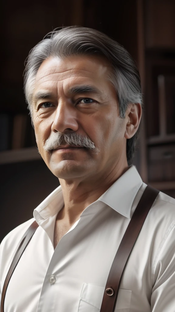 (the Extremely Detailed CG Unity 8K Wallpapers,masutepiece, Best Quality, Ultra-detailed),  Gray background, 73-year-old male living in Japan, Stubborn 73-year-old man,  Looking at the camera, white  shirt, As for the hairstyle、With medium-length hair,、The flow behind is gentle。Hair does not fade、Be healthy and at the same time、Also gives an intellectual impression。Hair color is、in deep brown、Has a natural luster, There is a sense of cleanliness。His appearance is、Combines calm and intelligence、Apron, mustaches