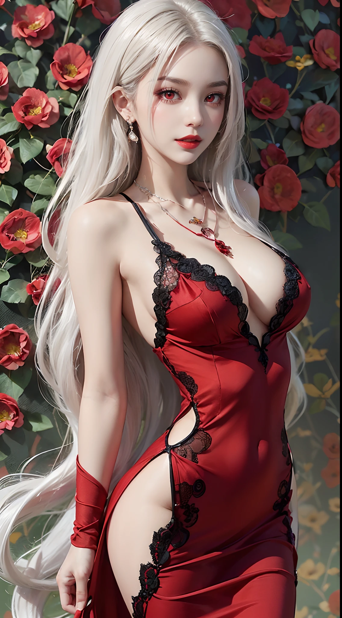 A beautiful and sexy 20 year old girl, ((wearing a super thin red dress:1.8)), diamond dress, ((long platinum hair:1.6)), bangs, elaborate jewelry made from gemstones beautiful sex and hair, ( ( wearing a black lace necklace:1.4))), aristocratic, noble style of an extremely beautiful girl, super cute little face, very pretty face, eyebrows thin, beautiful face, flawless, ((black eye pupils: 0.8))), very beautiful, ((light red eyes: 1.5)), beautiful makeup and hair, detailed eyelashes, makeup wet eyes, high nose, earrings, red lips, ((closed mouth: 1;5 )) beautiful lips, slim hands, most beautiful thighs, ((arms spread out to the sides: 1.5) ), rosy face , clean face, flawless beautiful face, smooth white skin, (big breasts: 1.5)), ((high breasts: 1.6) ), firm breasts, beautiful cleavage, (((big and super girth: 1.8))), ((super tight breasts: 1.7)) , beautiful breasts, ((hands back: 1.5)), beautiful breasts, thin black mesh stockings with black lace trim, perfect body, 8k photo, super high quality, hyper realistic, super 10x pixel, optical research, studio light, edge light, two tone light, (high detail skin: 1.2), super 8k, soft light, quality high quality, volumetric lighting, optical, optical high resolution, lighting, best photo, 4k, 8k quality, blur effect, smooth sharpness, 10 x pixels, ((flower background red:1.7)), aurora, lightning, ultra-realistic graphics, the most realistic drawing map, alone, solo, extremely sharp, surreal images, girl's upper body, (((portrait direct: 1.6)))."