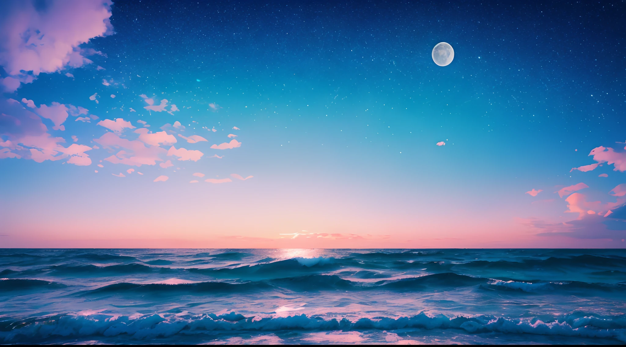 moon, sky, soft clouds, ocean waves sparkling, sky in a gradient of pastel colors with twinkling stars. Immerse yourself in a mystical world full of magical elements (weighted at 0.9).