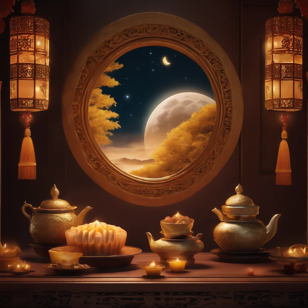 Mid-Autumn Festival, Reunion, Full moon, the night, （Moon cake）, teas, the fruits, edgBunny, Chang'e rushes to the moon, symetry, High detail, romanticism lain, Sparkle, god light, Ray tracing, hyper HD, retinas, Masterpiece, ccurate, Super detail, High details, High quality, Best quality, A high resolution, 16k, Anatomically correct