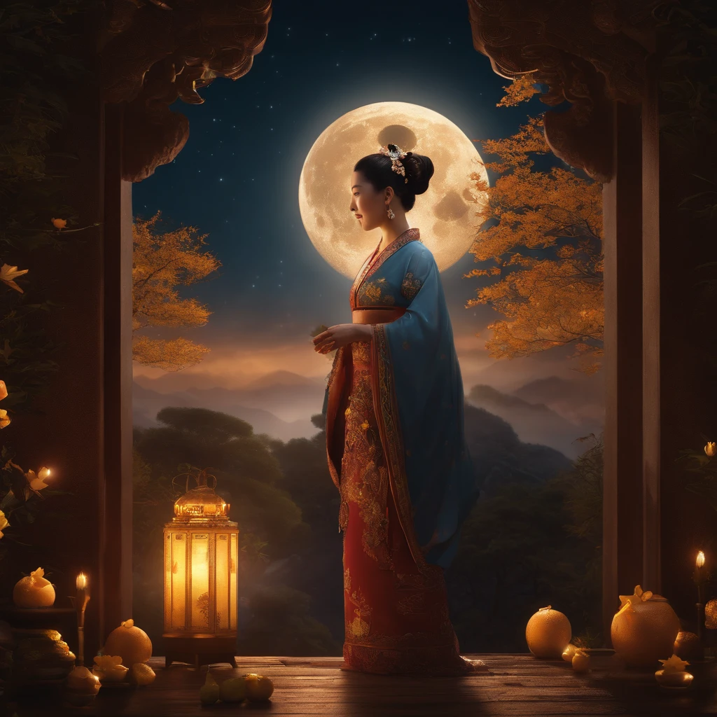 Mid-Autumn Festival, Reunion, Full moon, the night, (Moon cake), teas, the fruits, edgBunny, Chang'e rushes to the moon, symetry, High detail, romanticism lain, Sparkle, god light, Ray tracing, hyper HD, retinas, Masterpiece, ccurate, Super detail, High details, High quality, Best quality, A high resolution, 16k, Anatomically correct