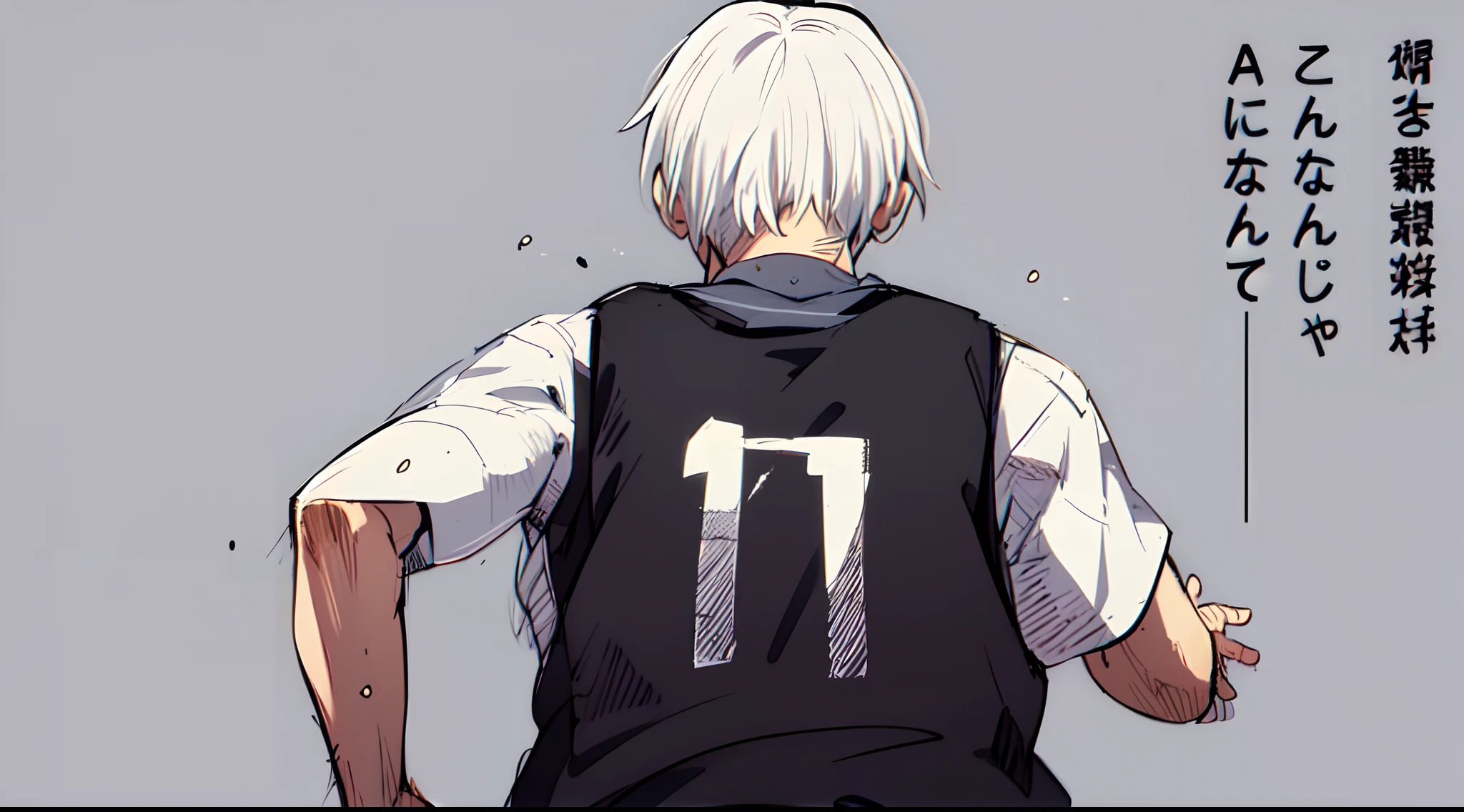 a anime of a boy cartoon from behind, from behind, white hair, no.17, running, manga, text manga, color manga, manga color, color manga, color manga panel, simple background