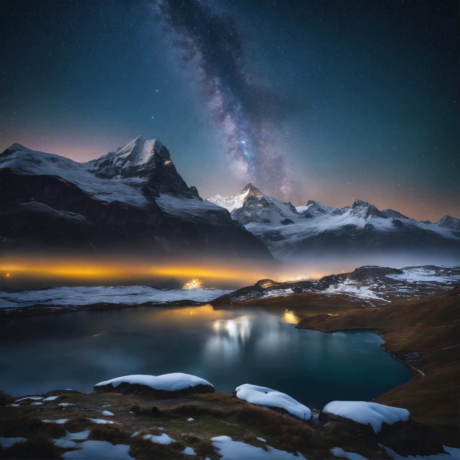 Master Parts、Superior Quality、superior image quality、The 8k quality、Beautiful pictures of the starry sky、magnifica、Arched Milky Way:1.9、snow mountains、Jungfraujoch