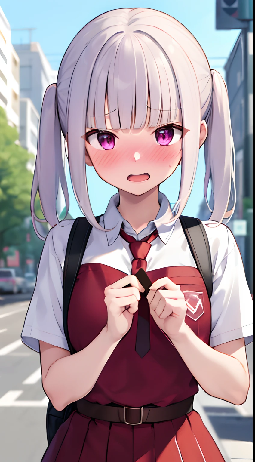 1girl, straight-on, upper body, solo, open mouth, embarrassed, blush, white shirt, tight shirt, red skirt, red necktie, holding backpack, red cheeks, school, 7 girl, (iwanagadress:1.2), (iwanagakotoko:0.9), lineart, outdoor, love letter, pov