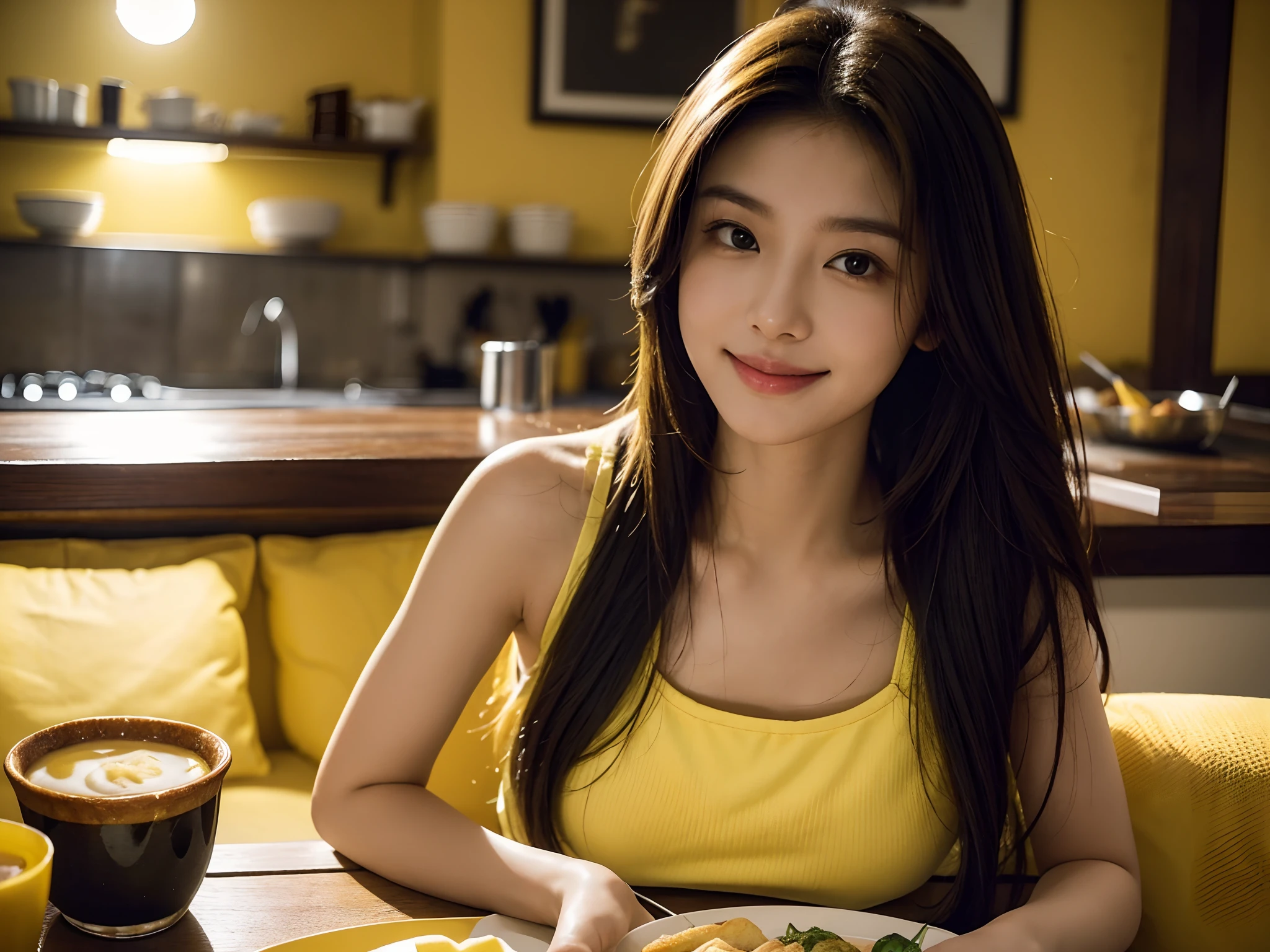 there is a woman that is sitting down with a plate of food, picture, wearing yellow croptop, non blurry, with long hair, not blurry, desaturated!!, with kind face, slight cute smile, cindy avelino, (((yellow))), :: morning, ((glowing)), with her long, old picture, selfie photo