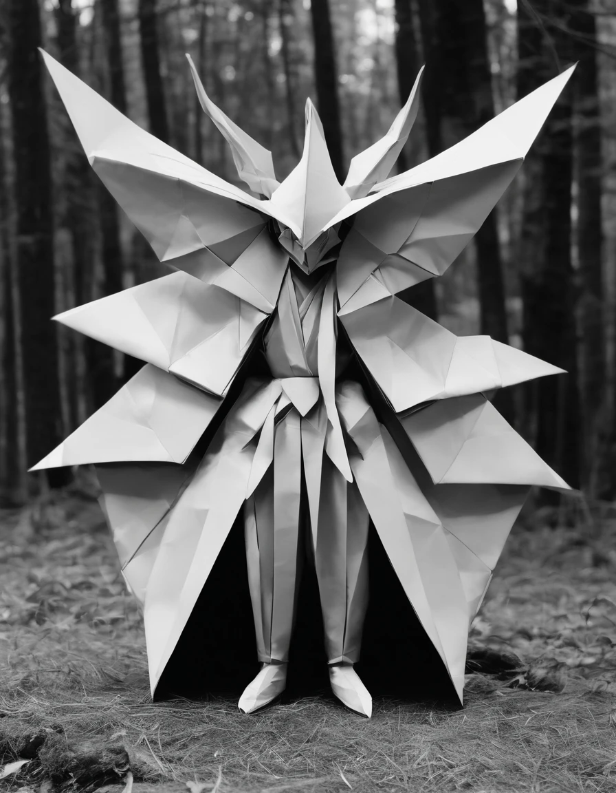 full body, mysterious demon, on the forest, captured in black and white, 1900s photograph, gelatine silver print, noise effect