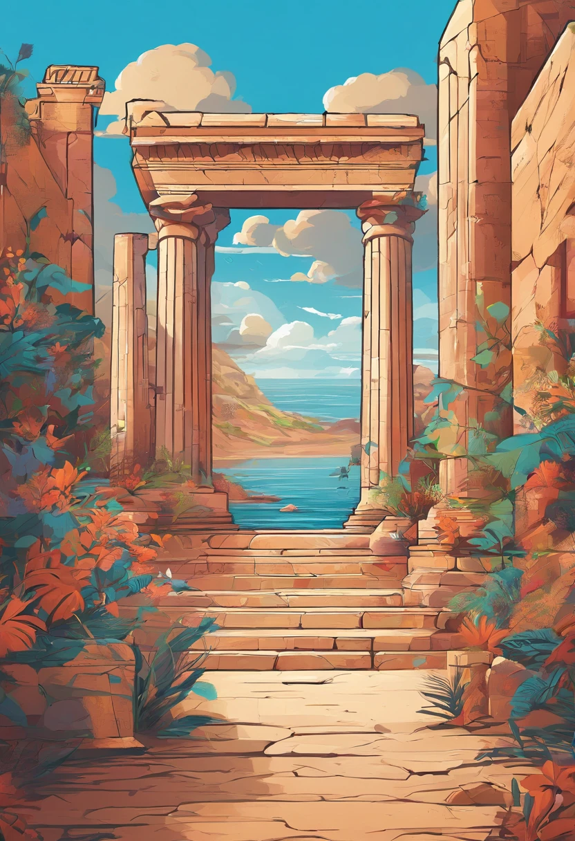 Ancient Greece，Temple ，—width 672, landscape artwork, environment design illustration, scenery art detailed, Seaside view, concept-art, 4k highly detailed digital art, 4 k digital painting, 4k digital painting, stunning digital illustration, Desert background, digital painting concept art, Detailed digital painting