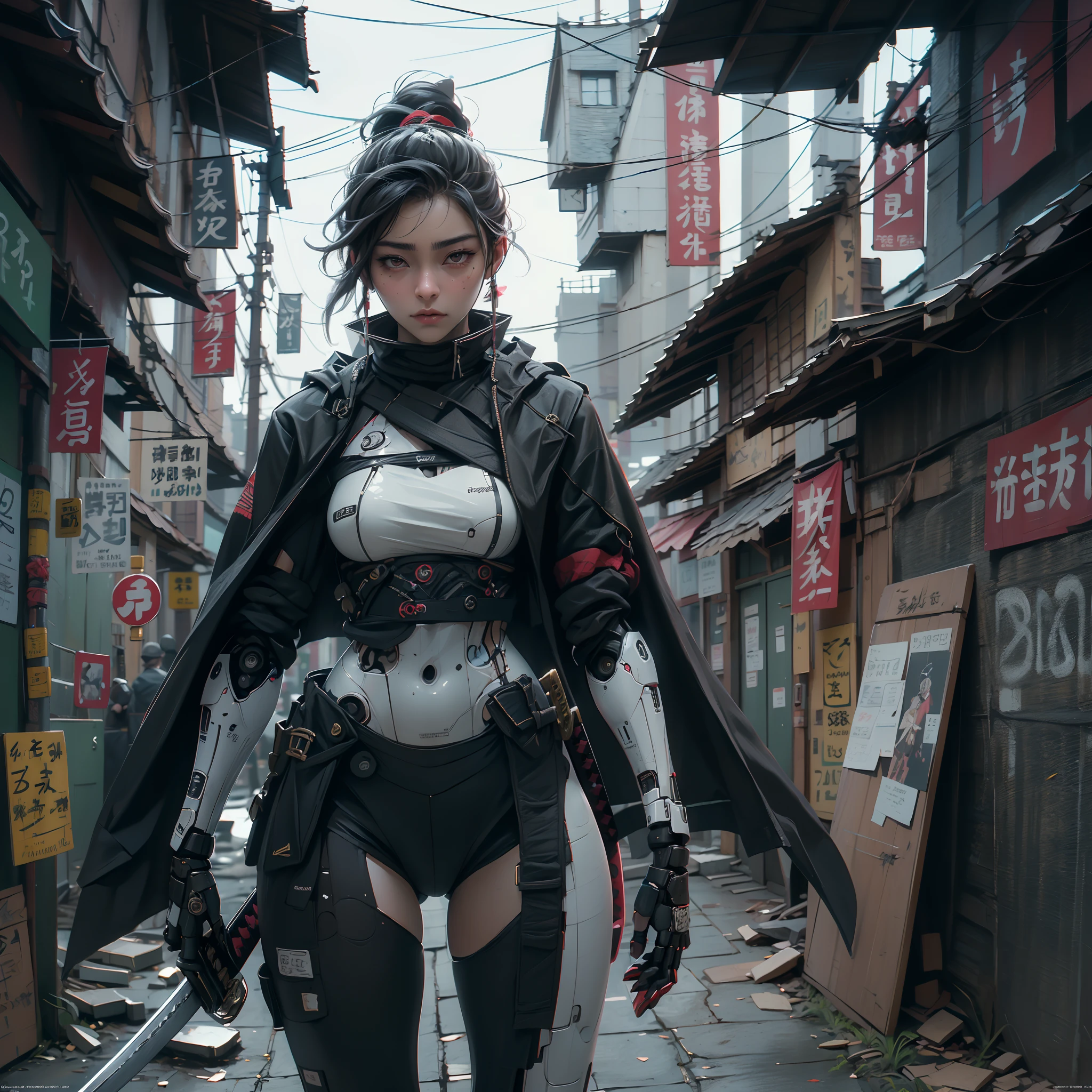 1female samurai cyborg wearing a cloak, (Black Coat:1.2), holding sword, Katana, God of War, complex, 8k, wallpaper, (Masterpiece, Best quality:1.2), extremely detailed, cinematic, iridescent, armor, mecha,