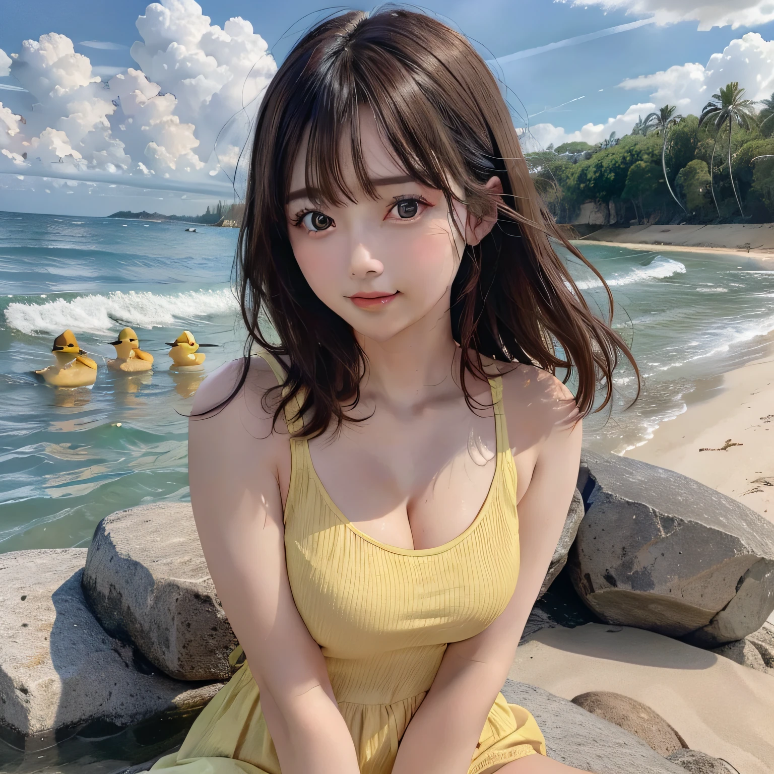 best quality, ultra high resolution, (photorealistic: 1.4), (detailed beautiful girl: 1.4), (medium breasts: 0.8), olhando_no_visualizador, detailed facial details, beautiful and detailed eyes, (brown hair), brown eyes, smile (makeup: 0.4), red lips, (full body, sitting, beach, high waves, ), very detailed clothes, (ulzzang-6500-v1. 1:0.3) \, yellow ducks, strong wind,