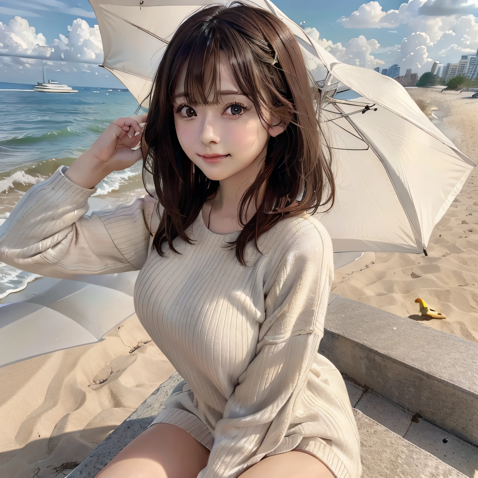 best quality, ultra high resolution, (photorealistic: 1.4), (detailed beautiful girl: 1.4), (medium breasts: 0.8), olhando_no_visualizador, detailed facial details, beautiful and detailed eyes, (brown hair), brown eyes, smile (makeup: 0.4), red lips, (full body, sitting, beach, high waves, ), very detailed clothes, (ulzzang-6500-v1. 1:0.3) \, yellow ducks, strong wind,