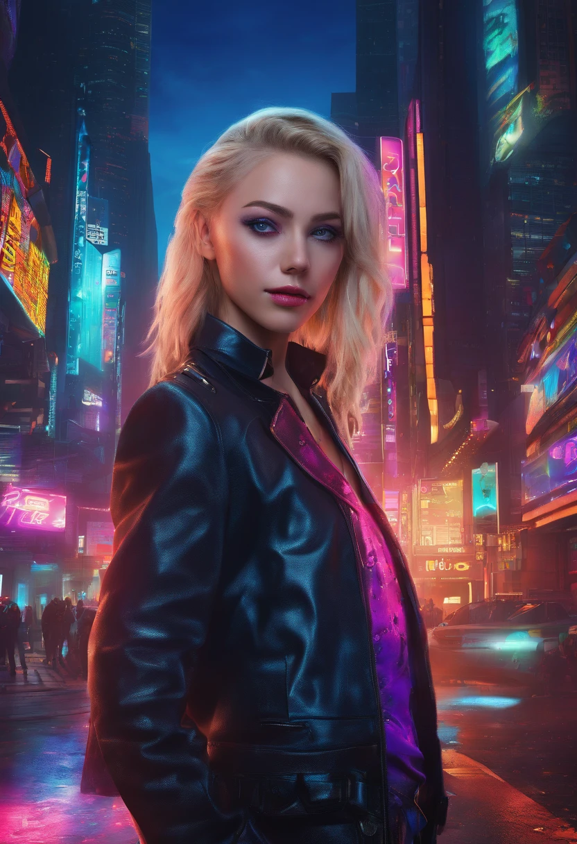 Best quality, masterpiece, ultra high res, (photorealistic:1.4), raw photo, 1girl, blonde hair, blue eyes, detailed eyes and face, black suit, dynamic lighting, in the dark, deep shadow, low key, cowboy shot full-lenght body, cinematic lighting,