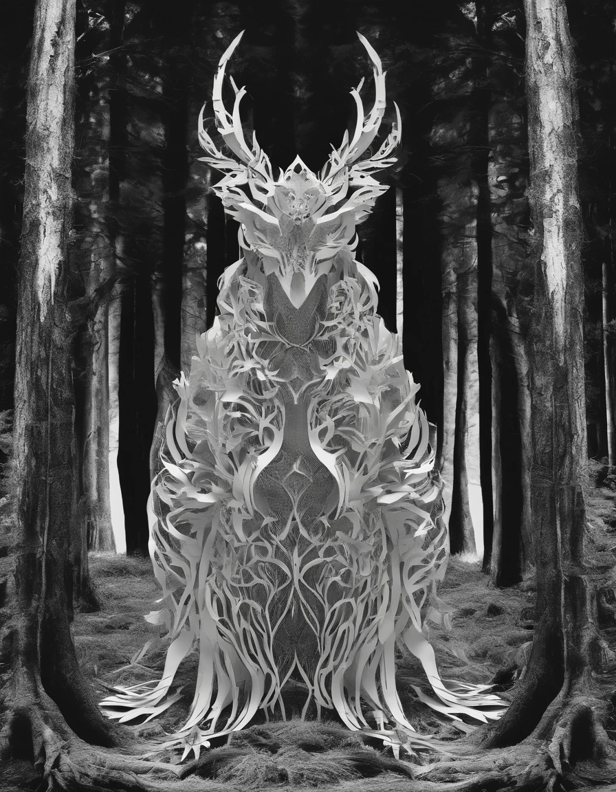 full body, mysterious demon, on the forest, captured in black and white, 1900s photograph, gelatine silver print, noise effect