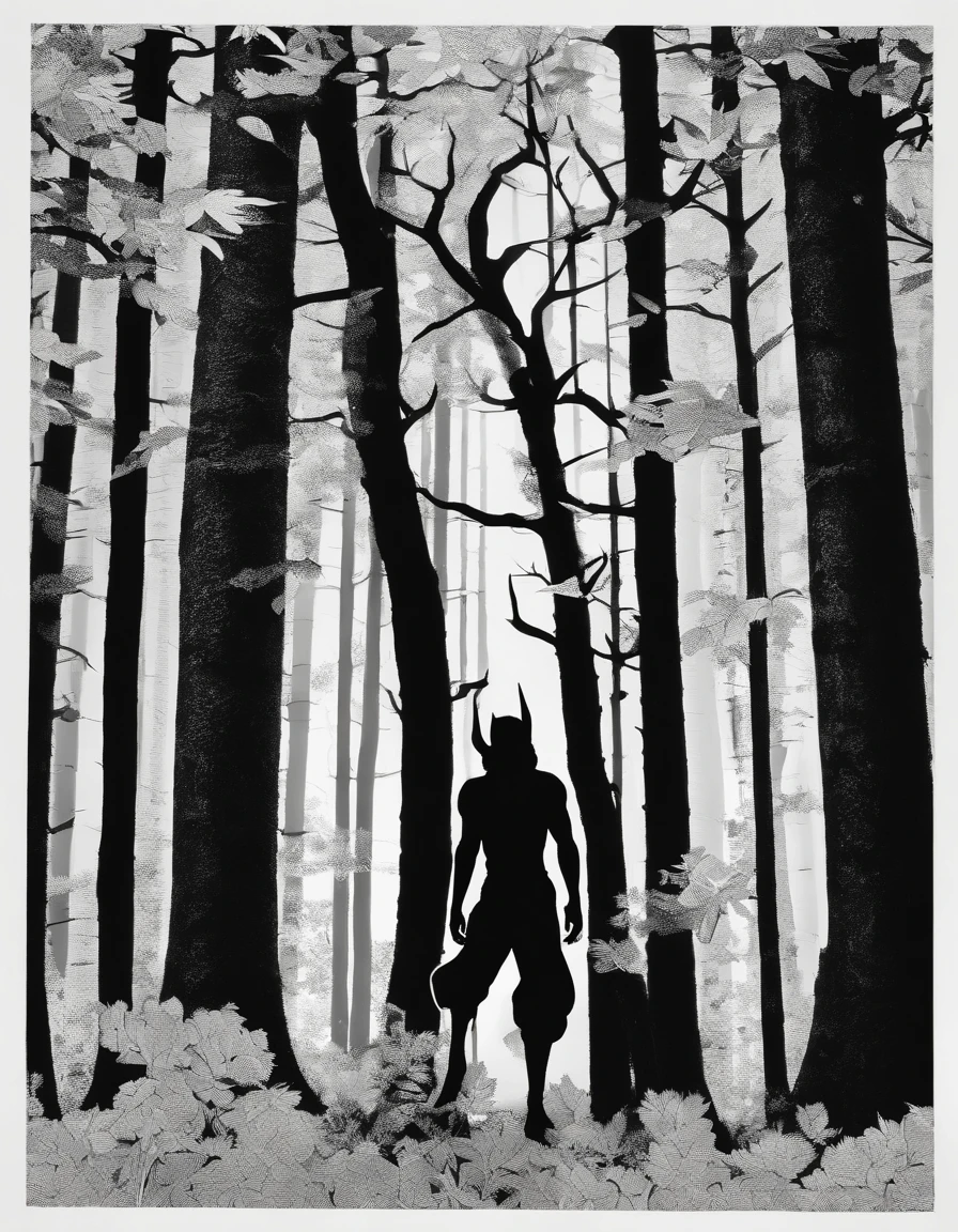 full body, mysterious demon, on the forest, captured in black and white, 1900s photograph, gelatine silver print, noise effect